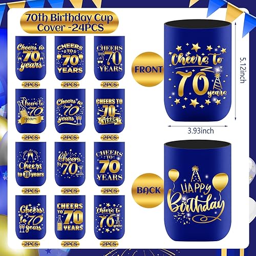 Miniatura 4 de 24 fundas enfriadoras para latas de cumpleaños 70, decoración de cumpleaños de 70 años azul y dorado para hombres y mujeres, para fiestas de