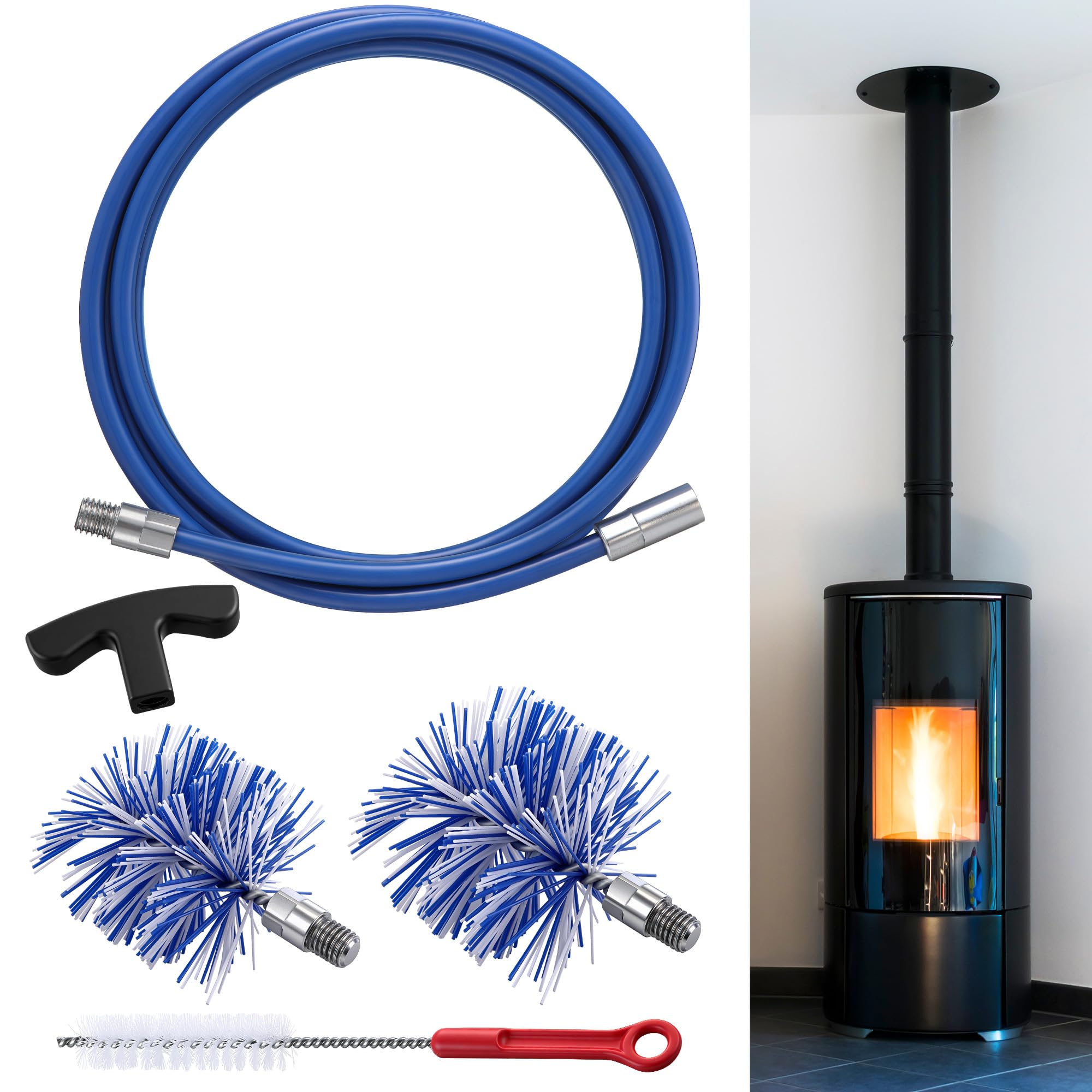 Pellet Stove Cleaning Brush Kit, Flexible Rod, 10ft/3"&amp;4" Brush Head, Blue