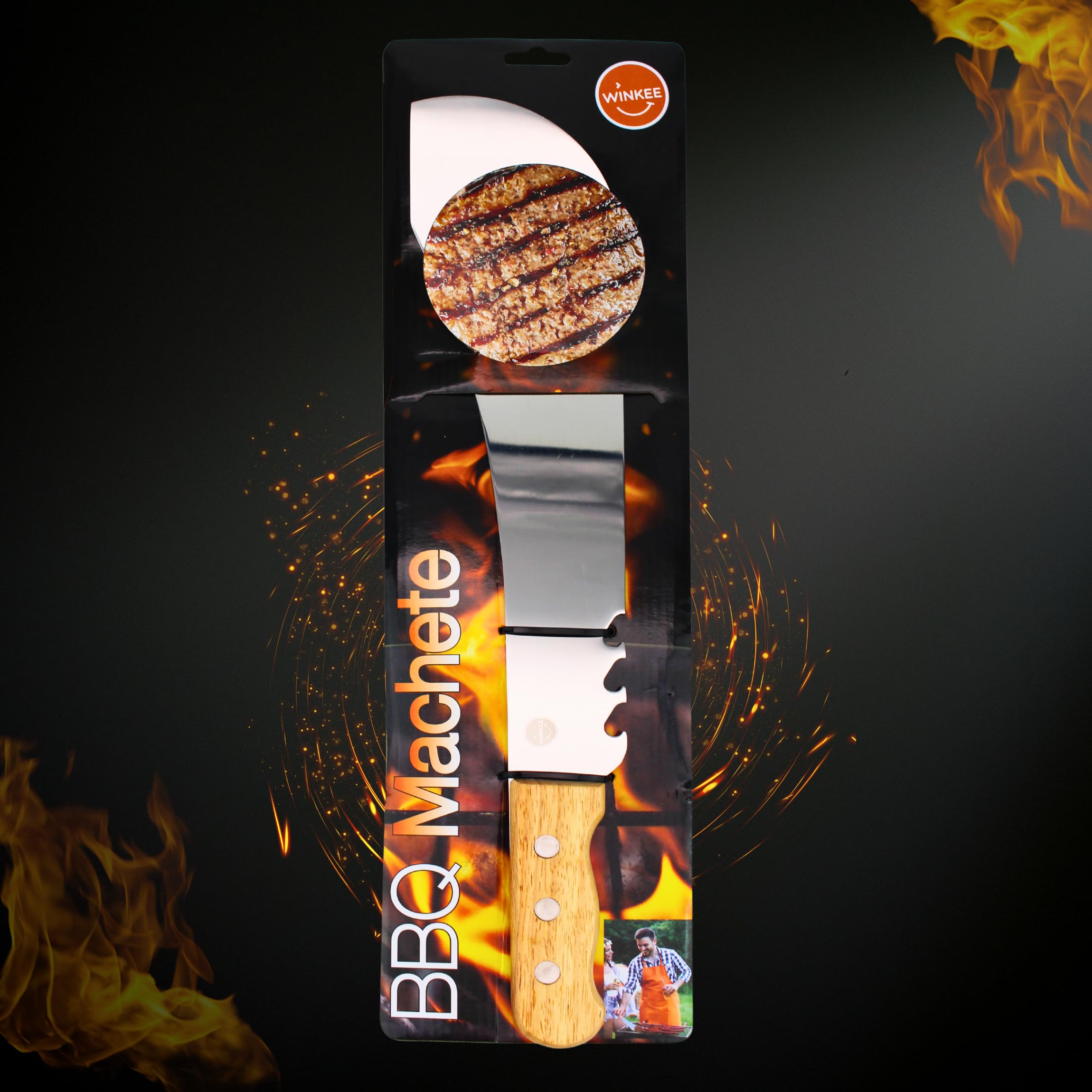 Winkee - Grillmachete de alta calidad I Hoja de acero inoxidable con mango de madera I Grill Machete I Grill Machete I Cubiertos de barbacoa con abrebotellas, espátula para barbacoa I Accesorios de