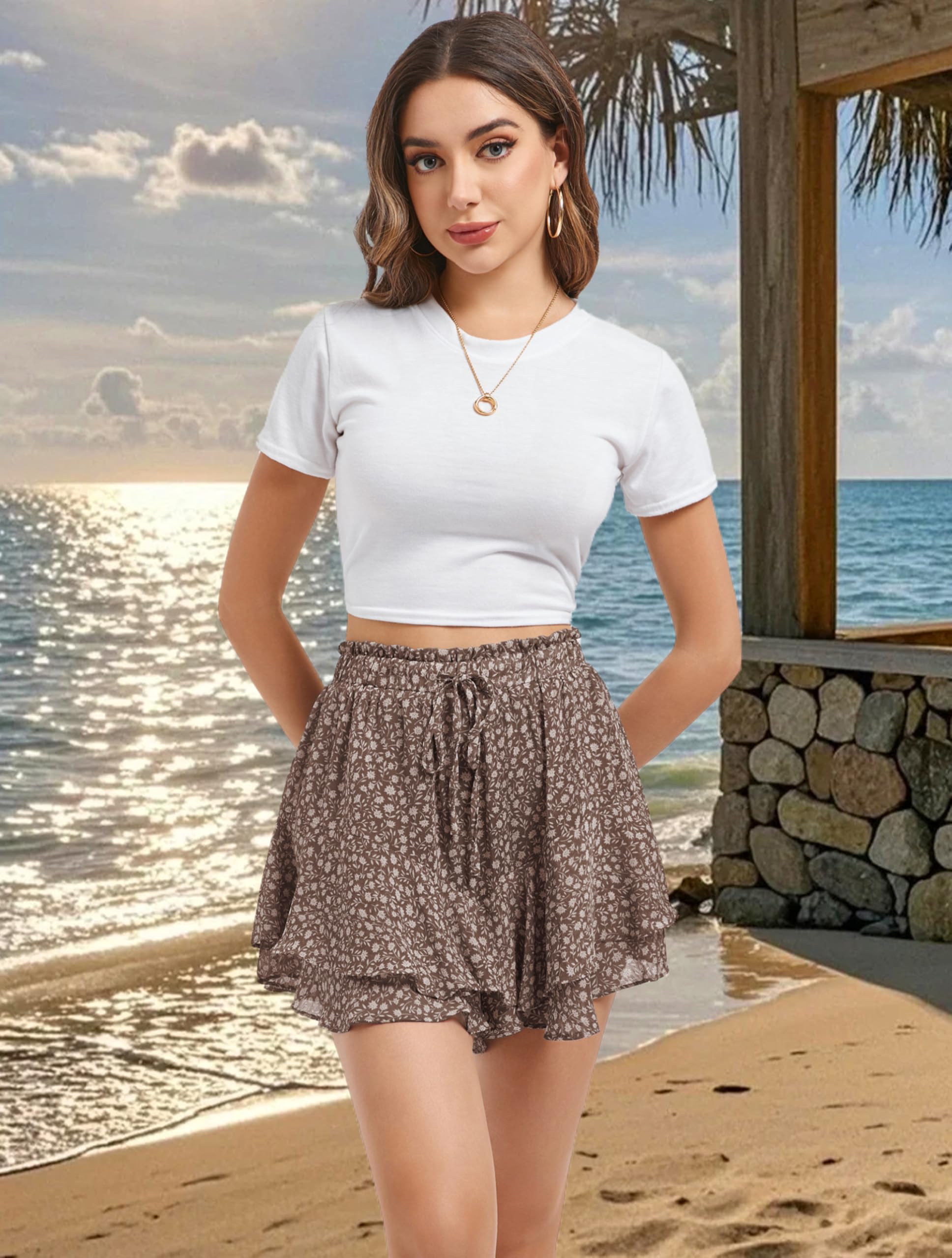 Jhsnjnr Hosenrock Damen Shorts Sommer Chiffon Rock Hohe Taille Doppellagiger Rüschen Leicht Strandrock Urlaub Kurze Sommerrock