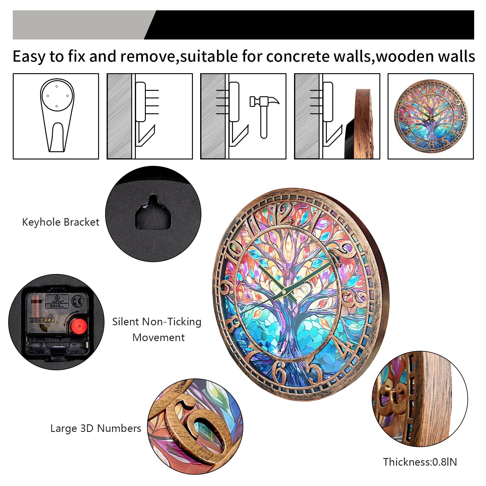 Tree of Life Wall Clock 12inch Silent Movement Non-Ticking Clock Precise Timekeeping Wall Clock Suitable for Living Rooms Bedrooms Offices Ideal for Home Decor Gifts Antique Copper