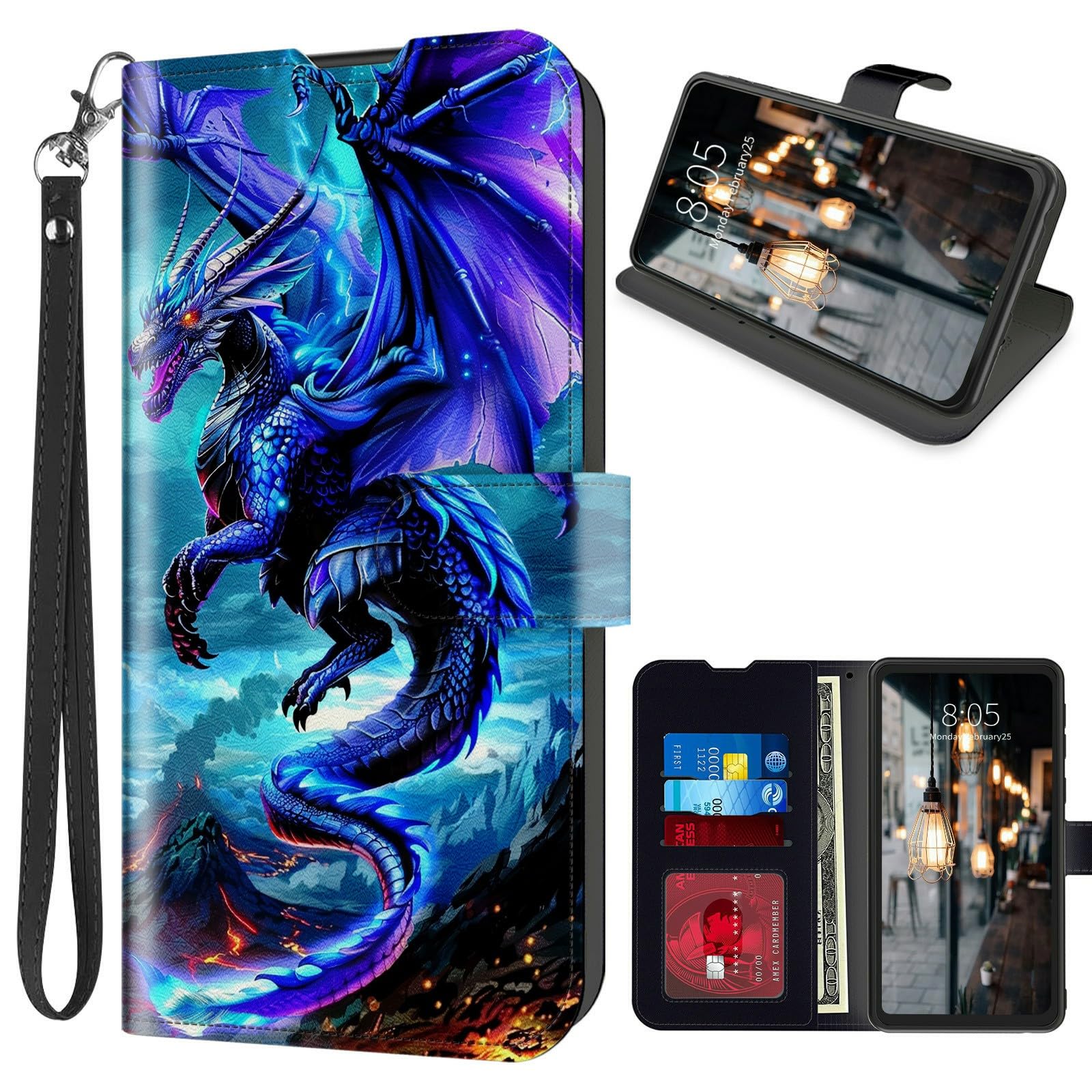 Wallet Case for Google Pixel 9 Pro XL PU Leather Flip Magnetic Closure Cover with Card Holder and Kickstand Protective Case, Blue Dragon