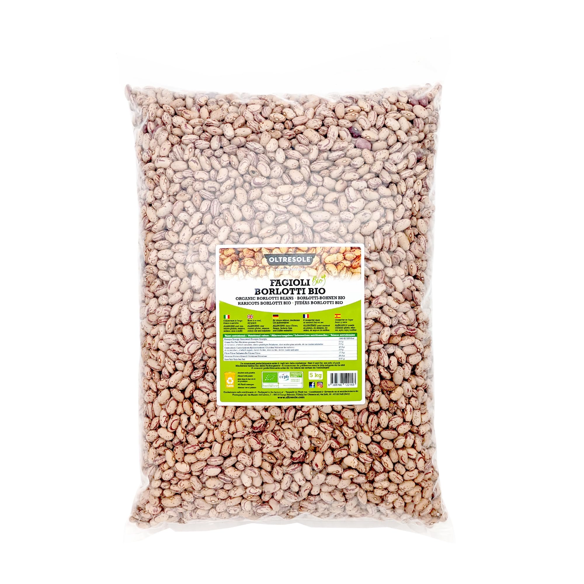 Oltresole, Fagioli Borlotti Biologici 5 Kg, Legumi Secchi Bio da Coltivazione Controllata, Ideali per Insalate, Zuppe, Minestre e Contorni, Formato Convenienza