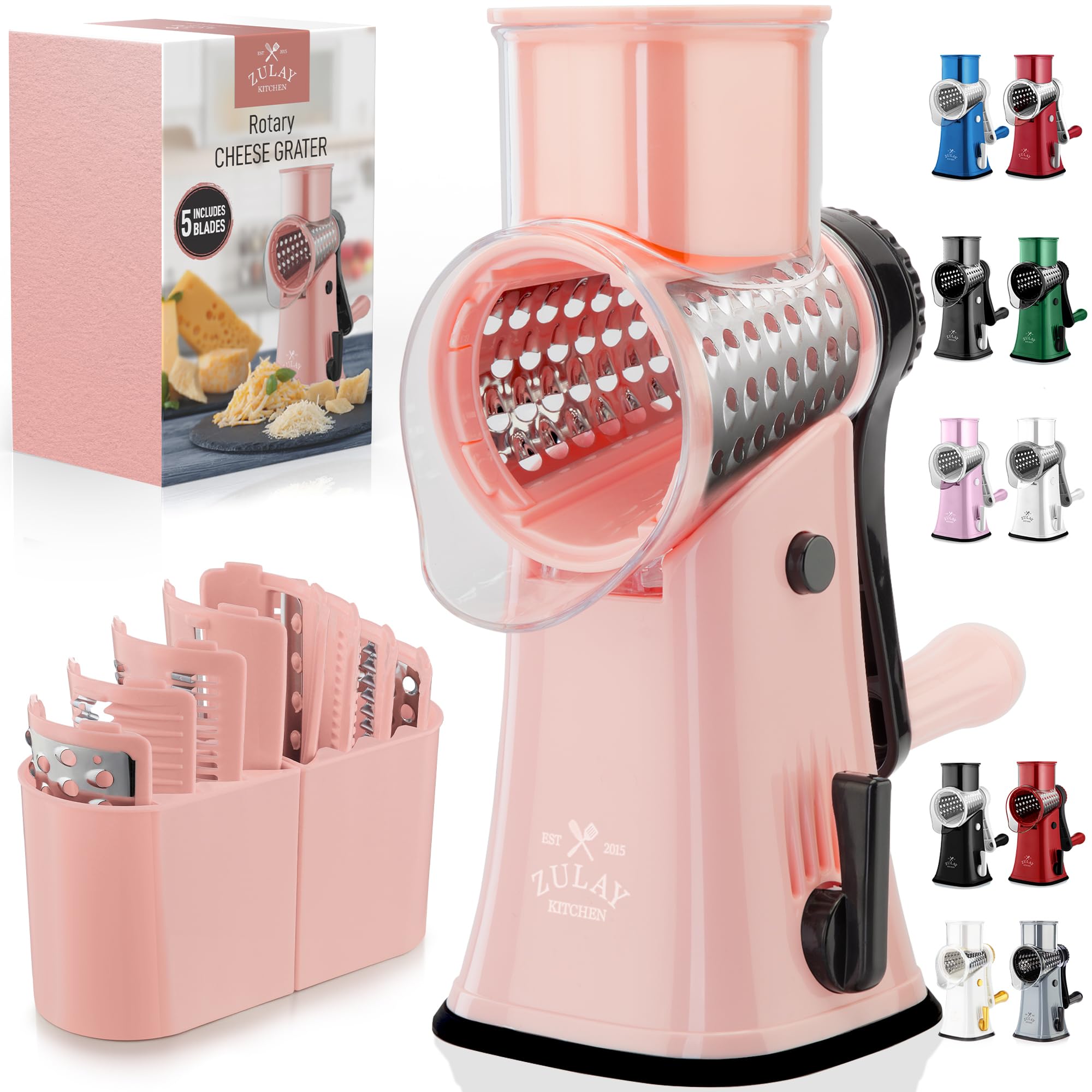 Rotary Cheese Grater Manual Hand Crank 5 Blade Shredder, Peach &amp; Black