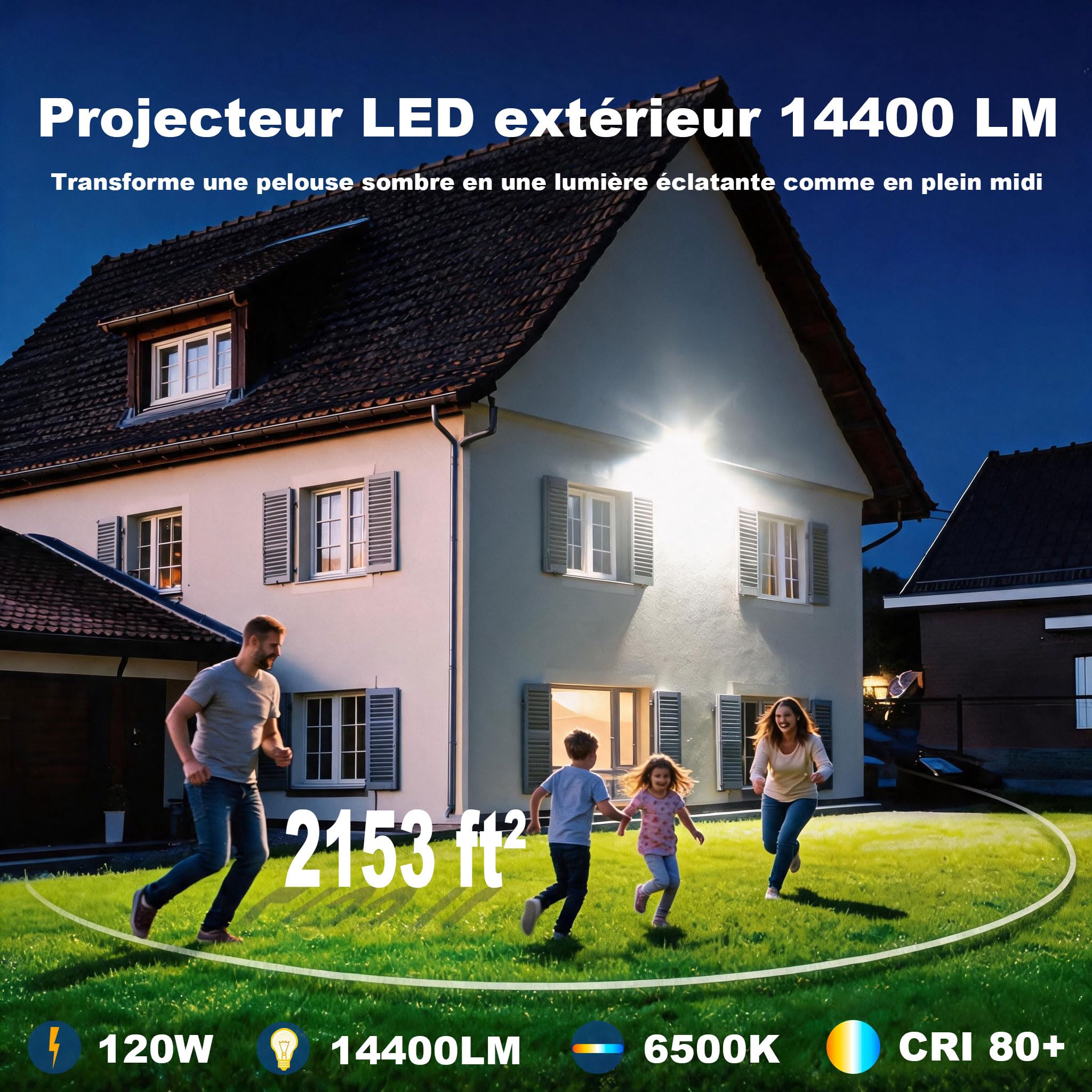 Projecteur led extérieur 120 W, usage industriel, 14400lm, 6500 K,IP66, dissipation thermique efficace, économie d'énergie de 85% spot led extérieur, jardins, entrepôts et garages(2 pièce)