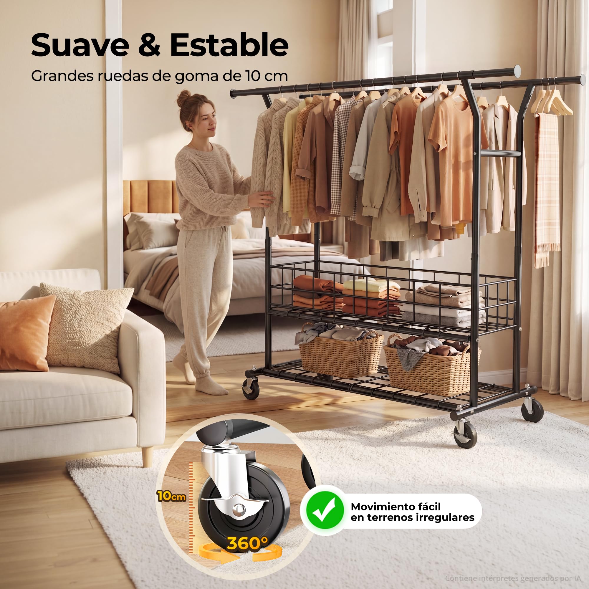 HOKEEPER Burro de Ropa Resistente de Doble Barra, 283kg, con Cesta de Malla y Estante, Extensible - Ideal para Dormitorio, Boutique, Lavandería, Negro | Barra para colgar ropa resistente con 4 ruedas, 2 bloqueos, fácil montaje, larga duración, doble barra