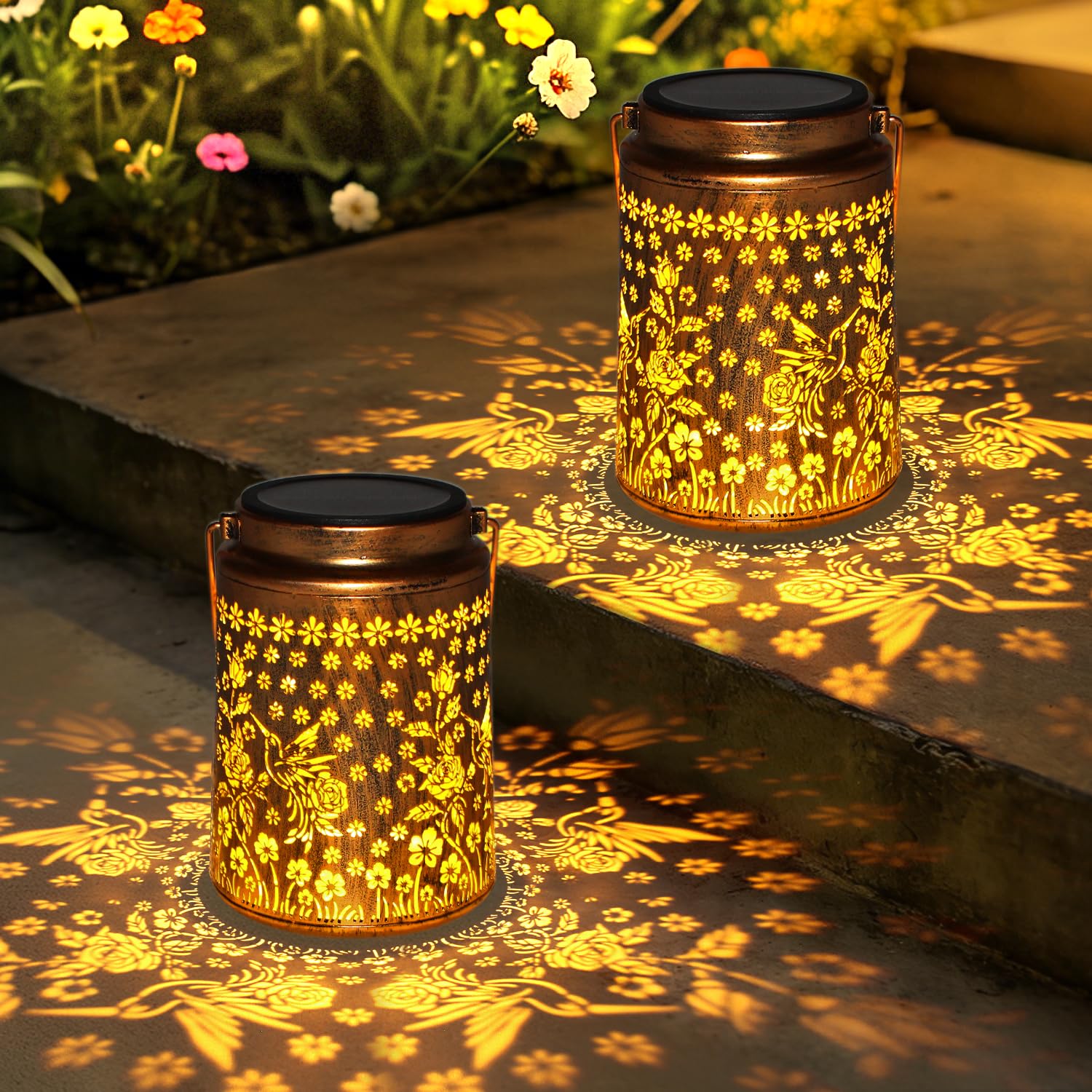 2 Pack Solar Lanterns for Outside Waterproof, LED Metal Solar Powered Light for Outdoor Garden Table Patio Decor, Hanging Hummingbird Gardening Gift for Women Mom Grandma Birthday