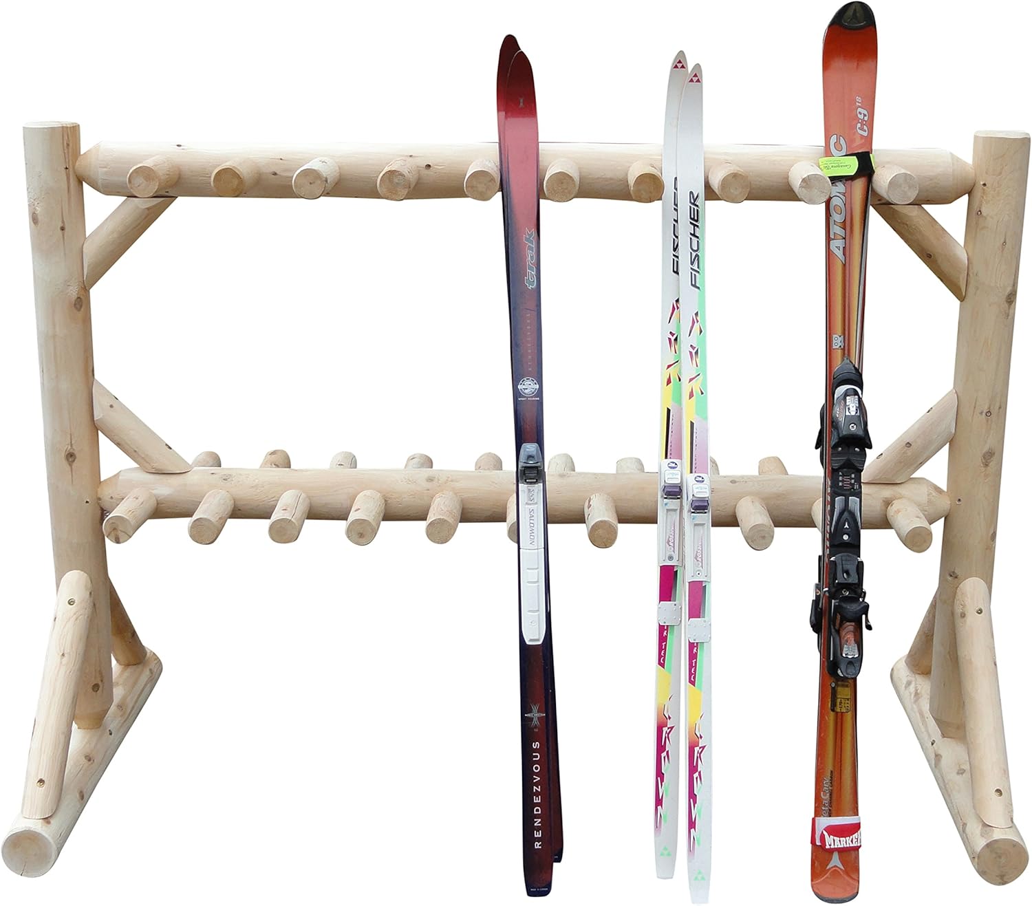 17-Place Freestanding Log Ski Rack Holder, Indoor & Outdoor Snowboard Racks, Standing Storage, Garage Racks for Snow Skis, Durable Snowboard Rack Garage Storage Organizer - Unfinished