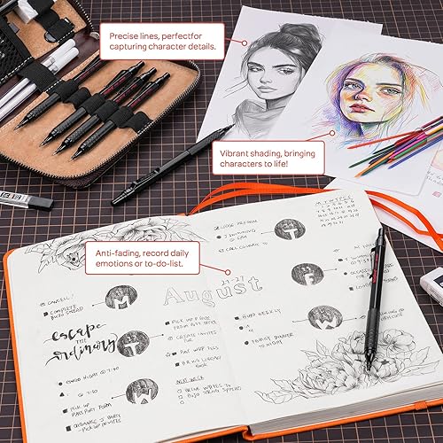 Miniatura 7 de Nicpro Juego de 30 lápices mecánicos de metal negro en estuche de cuero, lápices de dibujo de arte de 0.5, 0.7, 0.035 in, soportes para lápices de