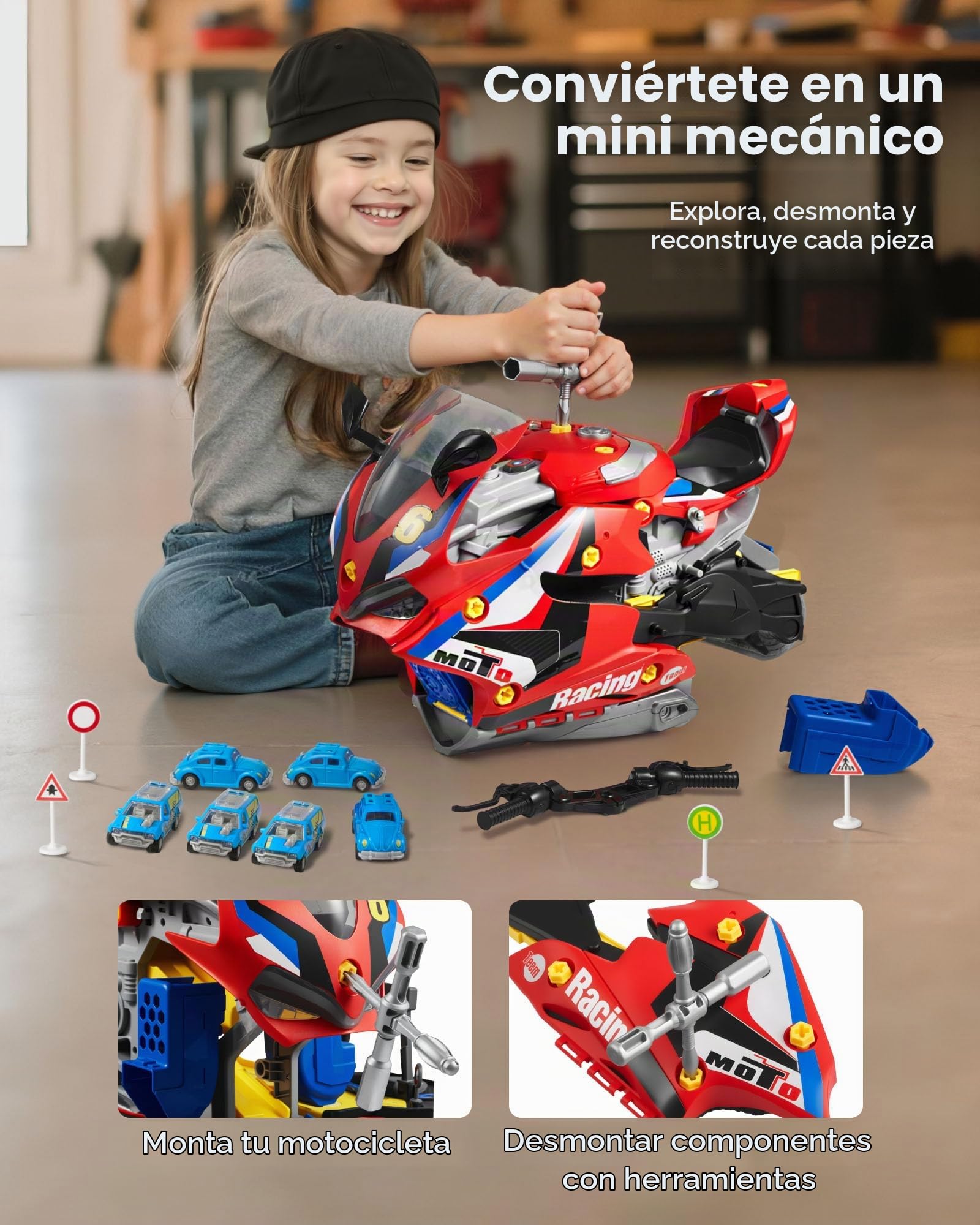 VEVOR Juguete de Motor de Motocicleta, 25 uds de Juguete Mecánico con Piezas Extraíbles, Luces y Sonidos, Simulación de Conducción y Carreras en Pista, para Niños a Partir de 3 Años, Color Rojo