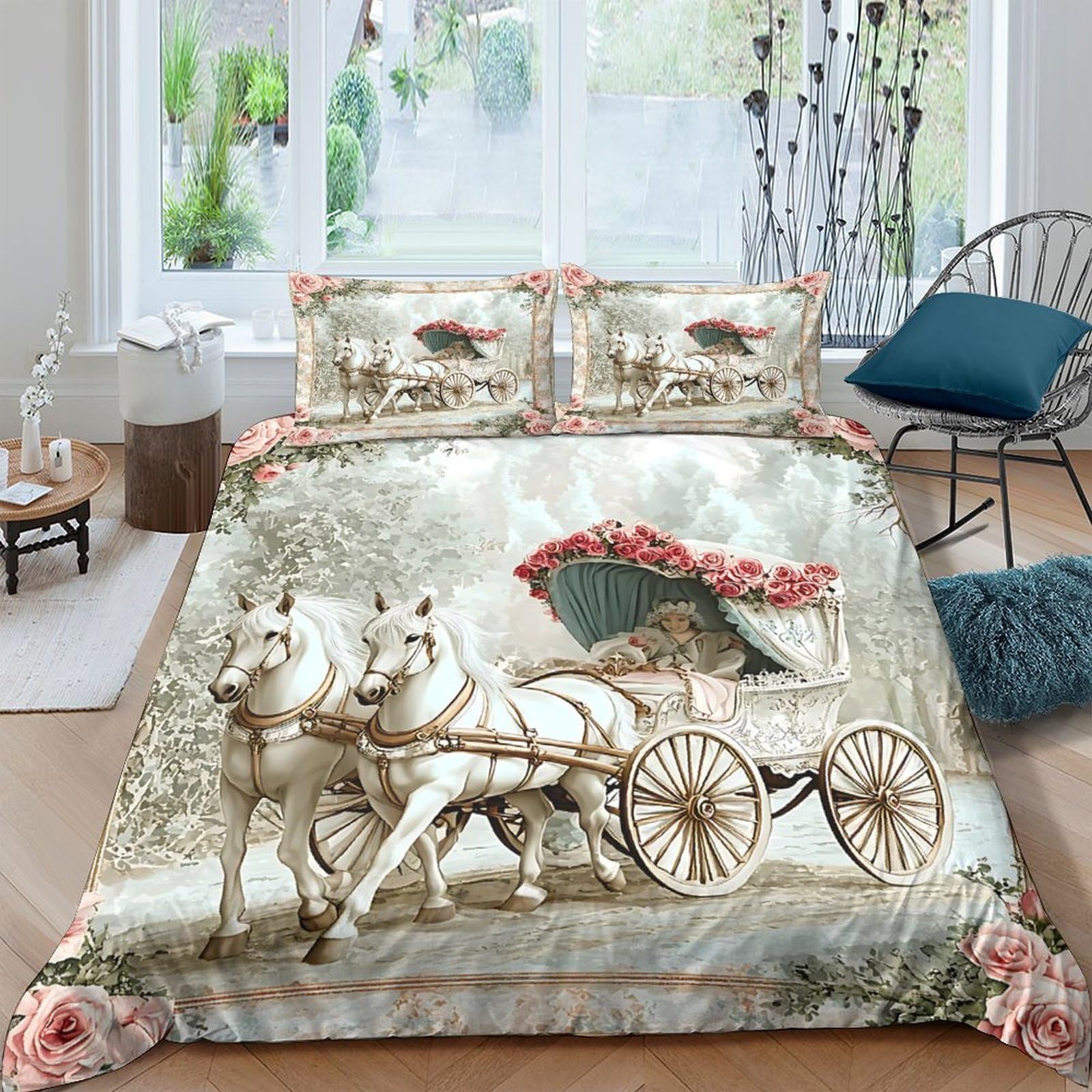 Ctjqhvkz Style-9 3D Printed Vintage Horse Carriage Fitted Sheet Microfiber Soft Bed Cover For Bedroom Guest Room Decor Easy Care Single（135X200cm）