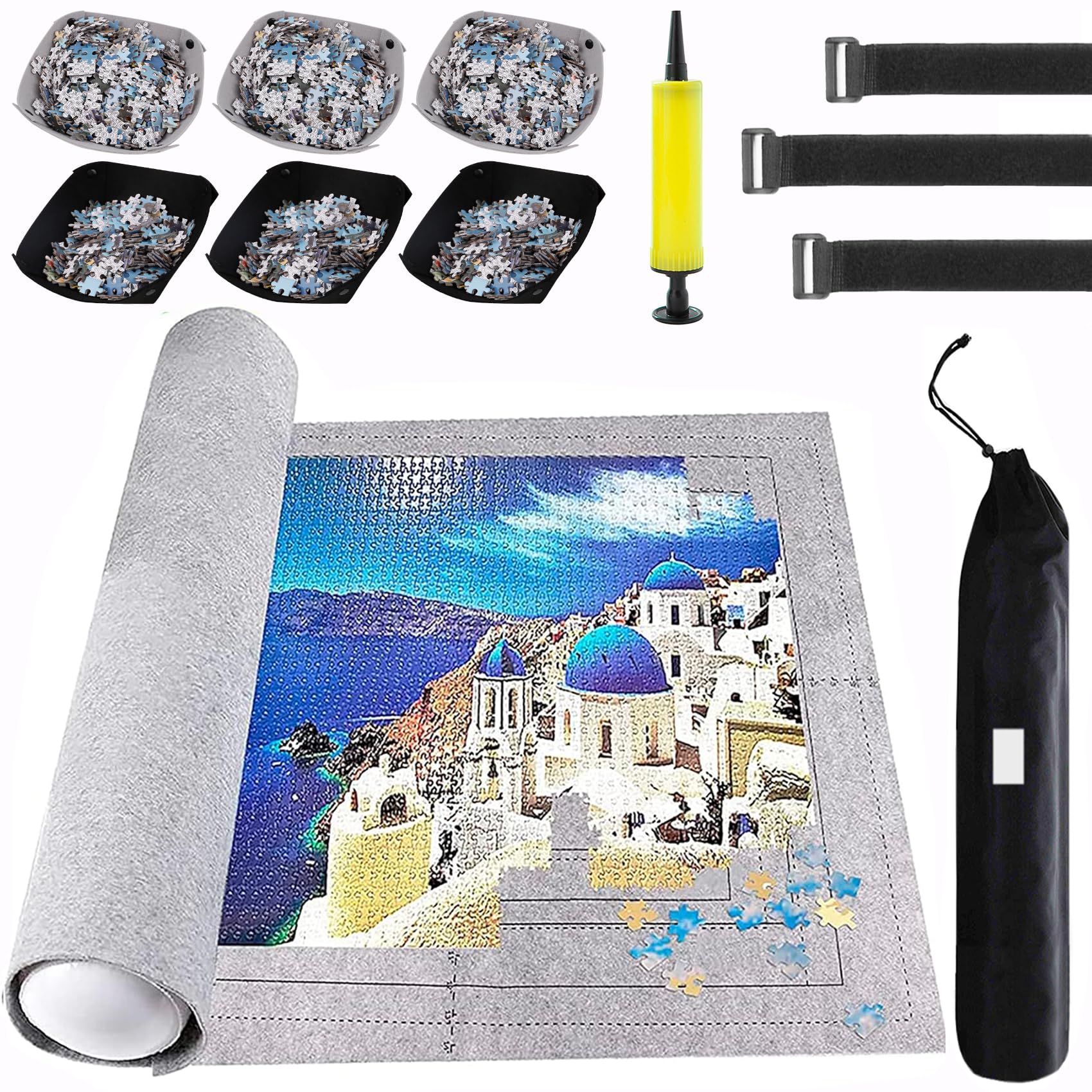 Tapete enrollable para rompecabezas de 3000, 2000, 1500 piezas, grande, portátil, antideslizante, con 6 bandejas de clasificación, tubo inflable, 3 correas, bolsa de almacenamiento, regalos para