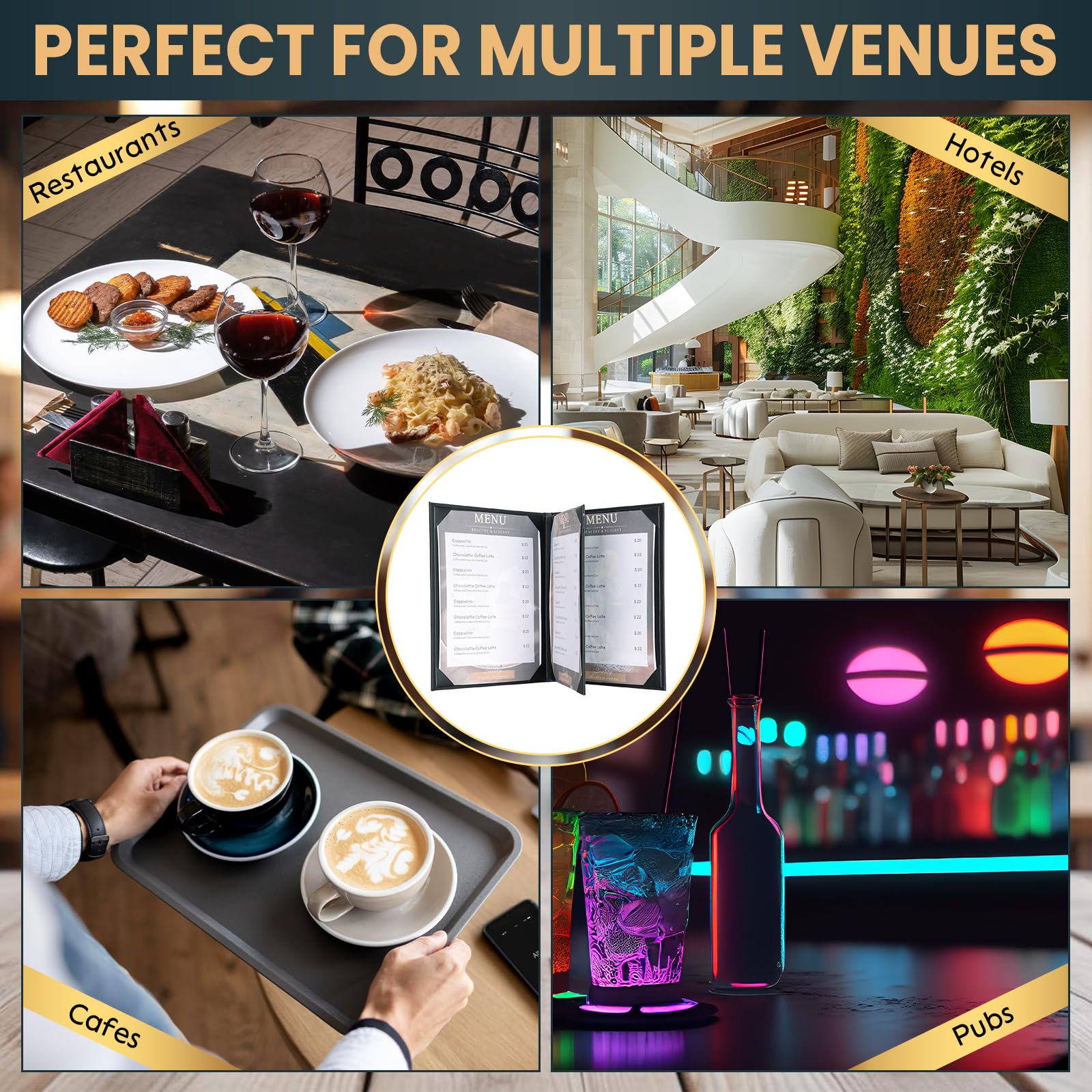 4 View - Paquete de 10 fundas para menús de 8.5 x 11 pulgadas, soporte para diploma, soporte de diploma, fundas de cuero negro, estilo libro para restaurante, cafetería, lista de vinos, apto