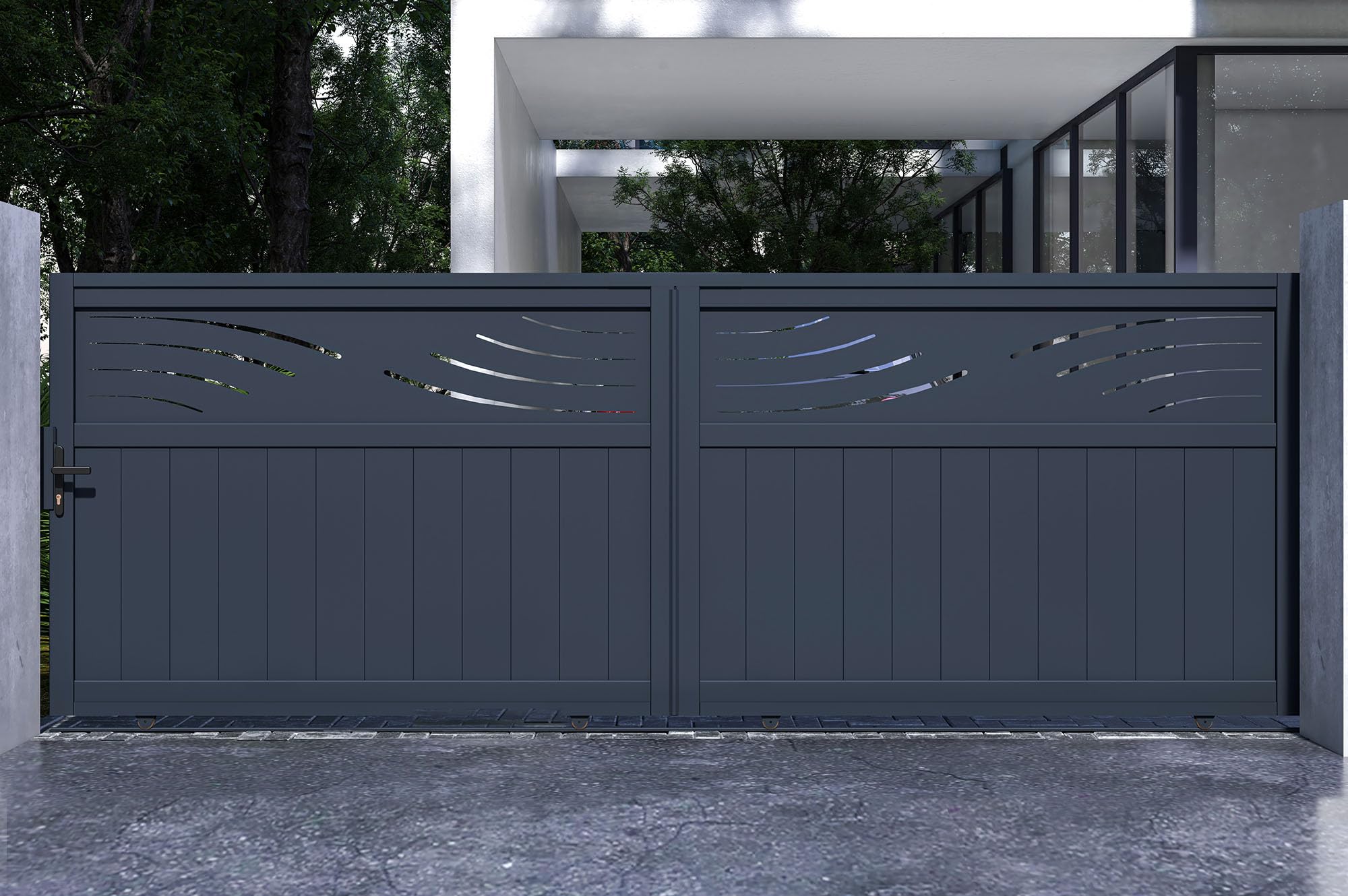Casanoov Portail coulissant 4m HALTI H.140cm + Portillon 1m HALTI H.140cm aluminium gris