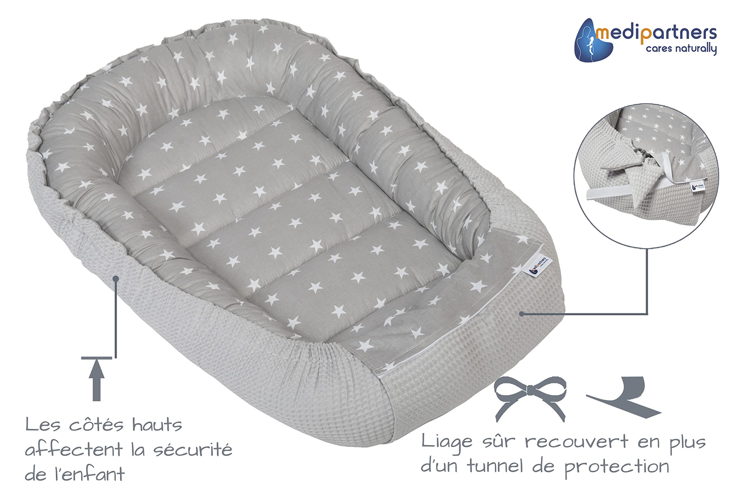 Medi Partners Nido per Neonato 100x60x15cm Baby Nest 100% Cotone Waffle Lettino da viaggio per bambini Multifunzionale Chiusura sicura (Stelle con Waffle grigio)