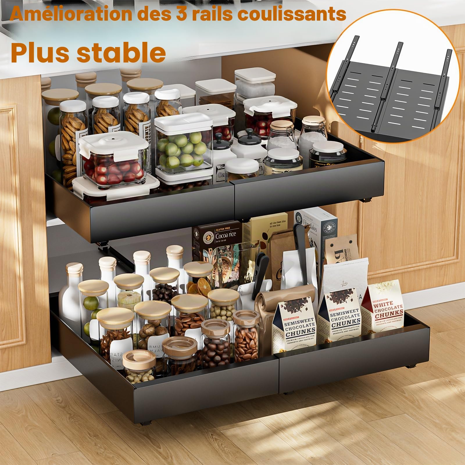 Diealles Shine Tiroir Coulissant Cuisine, Lot de 2 Largeur Réglable de 31-52CM Tiroir Coulissant Placard, Panier Coulissant pour Placard Rangement pas de Perçage Nécessaire