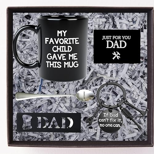 Miniatura 5 de Juego de regalos para papá, 5 unidades, 100% cerámica, taza de café de 11 onzas con llavero a juego, abridor de botellas grabado, cuchara, tarjeta,