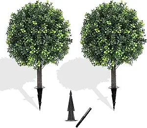 27.2" Artificial Boxwood Topiary Set of 2 with Spike, Fake Plants Boxwood Balls Greenery Bushes, Uv Resistant Artificial Outdoor Plants Shrubs for Front Porch Decor, Home Faux Plants Indoor