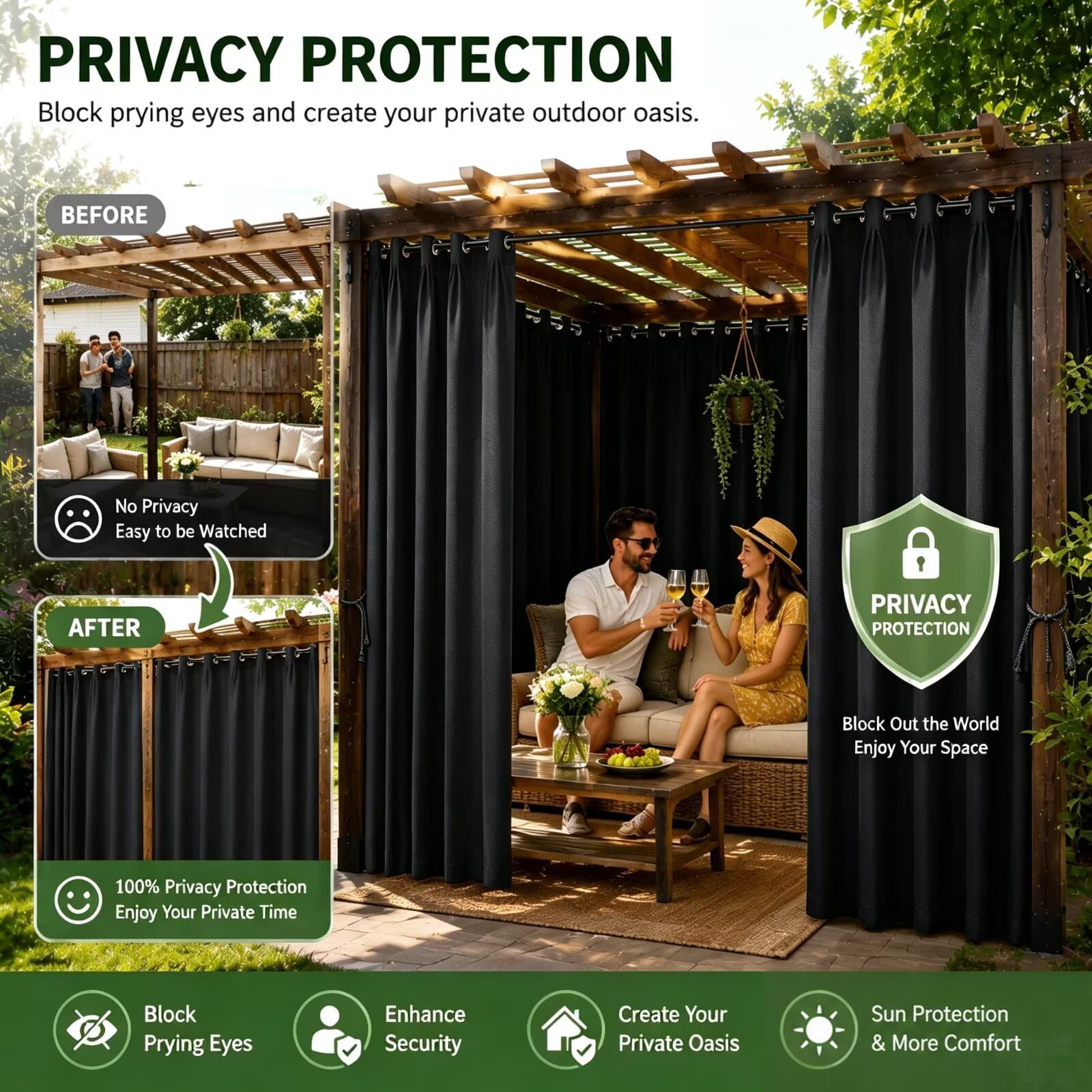 Pavillon Vorhänge Outdoor Sichtschutz mit Ösen H259 x B254cm Schwarz | Wetterfester Vorhang für Garten, Balkon und Terrasse mit langlebigem Oxford Gewebe