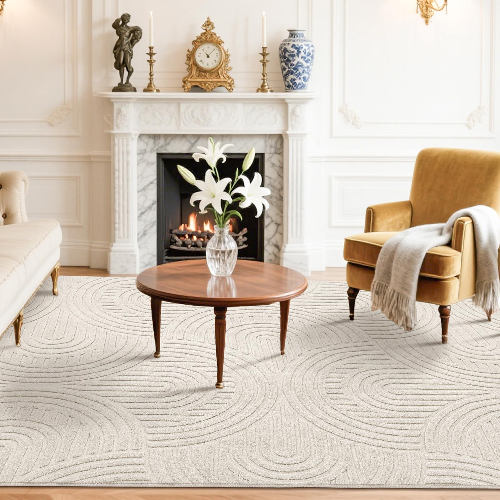 Enyhom Teppich Wohnzimmer Schlafzimmer 3D Optik Kurzflor Skandinavisch Teppiche Weich rutschfest Waschbar Pflegeleicht für Kinderzimmer, Beige Halbkreismuster, 160x230cm