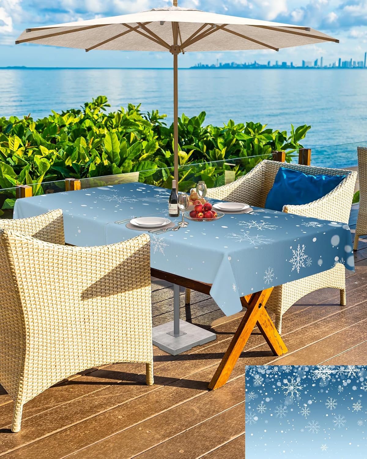 Christmas Tablecloth White Snowflake Rectangle Outdoor Tablecloths 60x120 Inch, Patio Table Cloths with Umbrella Hole and Zipper, Blue Table Cover for Outdoor Tables Picnic Dining Xmas Holiday Party