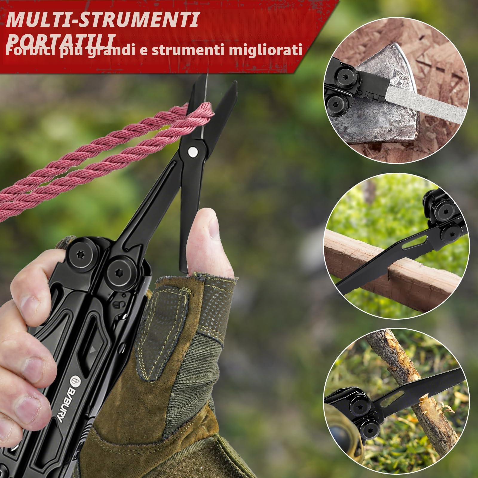 BIBURY Pinza Multiuso in Acciaio Inox, Multitool, Pinza Multifunzione con Forbici Potenziati, Seghe Sostituibili e Set di Cacciaviti per Esterno, Campeggio, Emergenza, Idee Regalo Uomo Regalo Papa