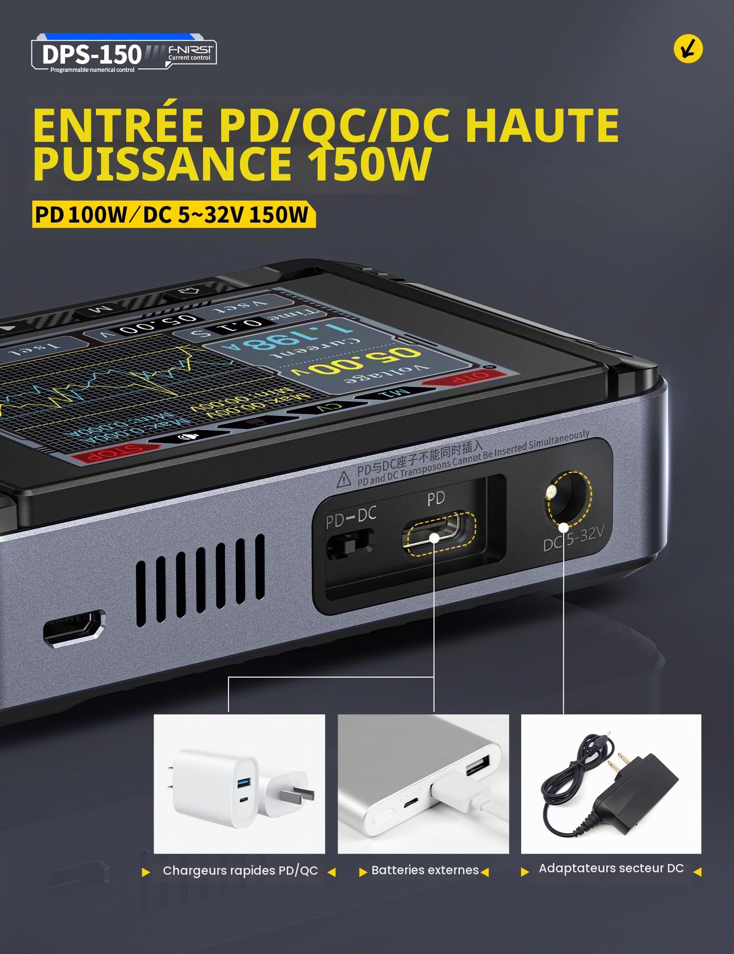 FNIRSI DPS-150 Alimentation CC Variable, 0-30 V 0-5 A, Alimentation CC CNC réglable avec écran IPS à 4 Chiffres, ondulation de Puissance <20 mV, entrée PD/QC/DC, Alimentation à découpage régulée