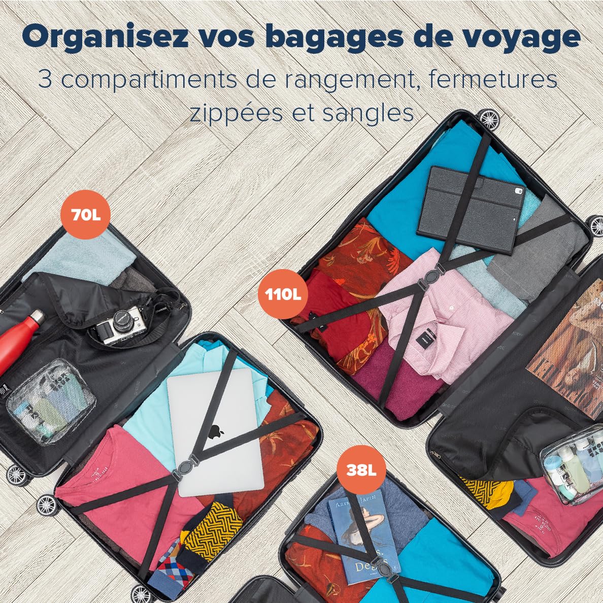 TRVLMORE Set Valise Rigide - Lot Valise - 3 Set de Valise de Voyage - Set Valises Rigides 4 roulettes - Luggage - Set 3 Valises - Ensemble Valise - Suitcase Set - Noir