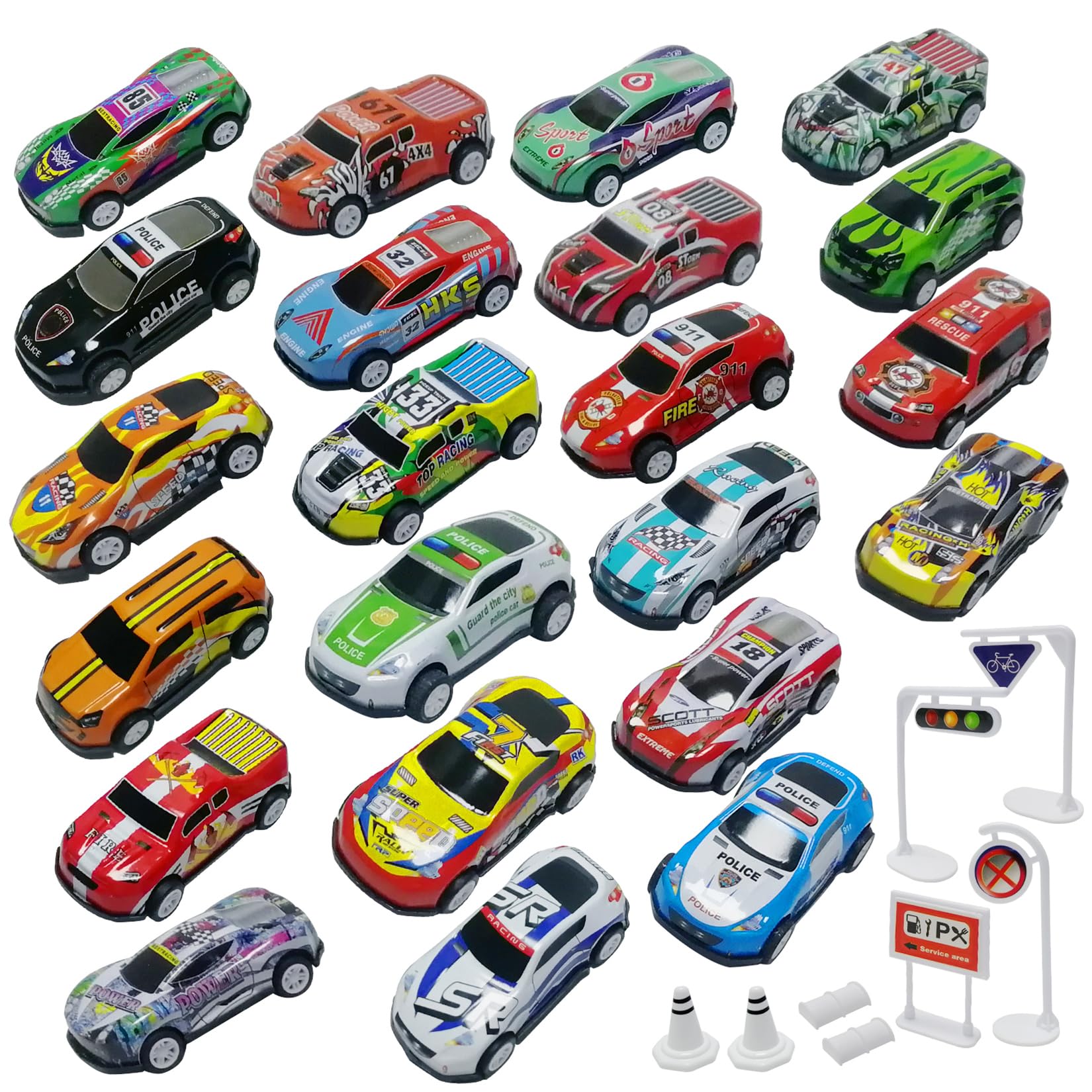 TOYABI Coches para Niños, Matchbox, 22 Piezas de Coche de Retroceso 8 Barricadas, Coche de Carreras Clásico con Carcasa Metálica