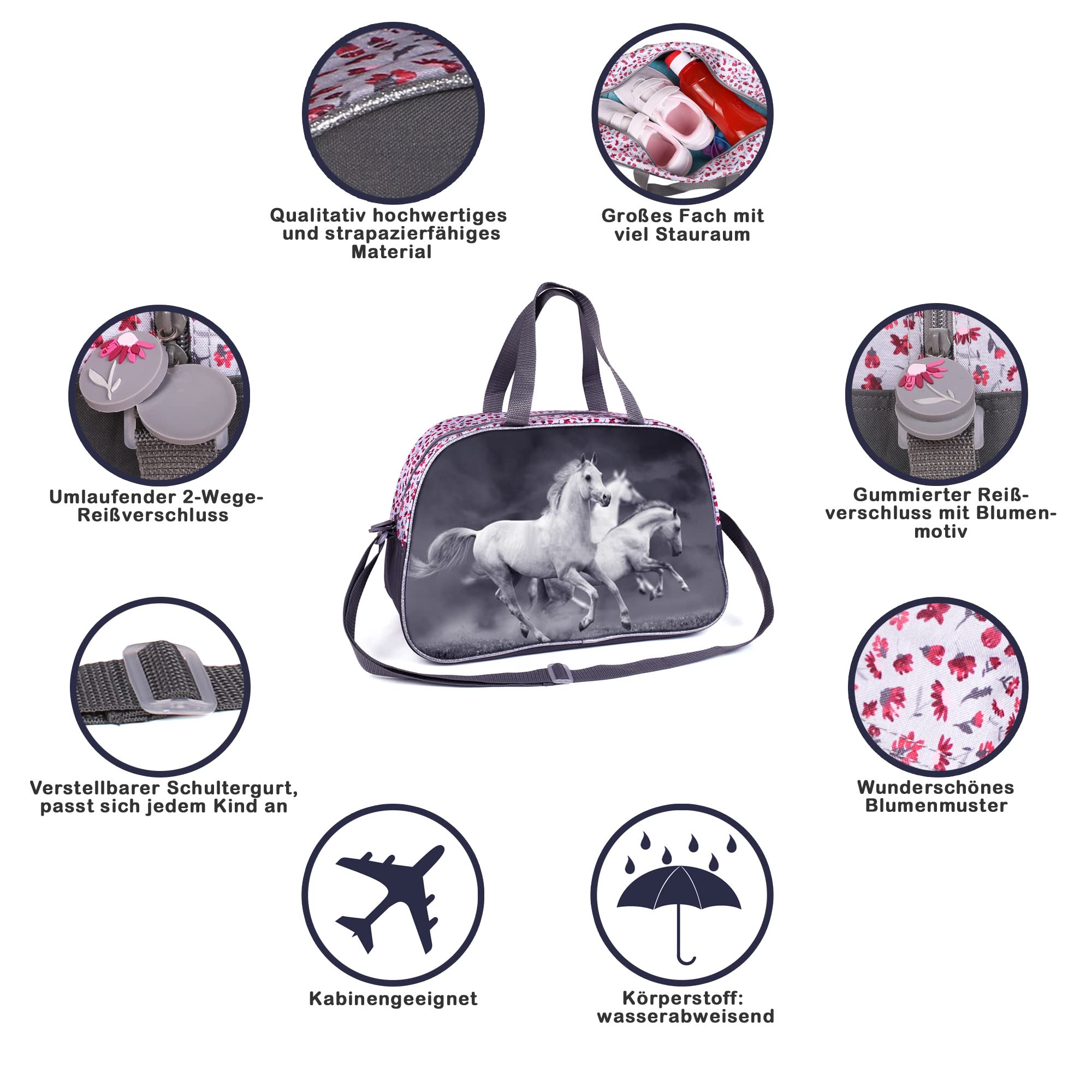 Ragusa-Trade Sac de sport/voyage, pour fille, motif de chevaux, 40 x 25 x 13 cm