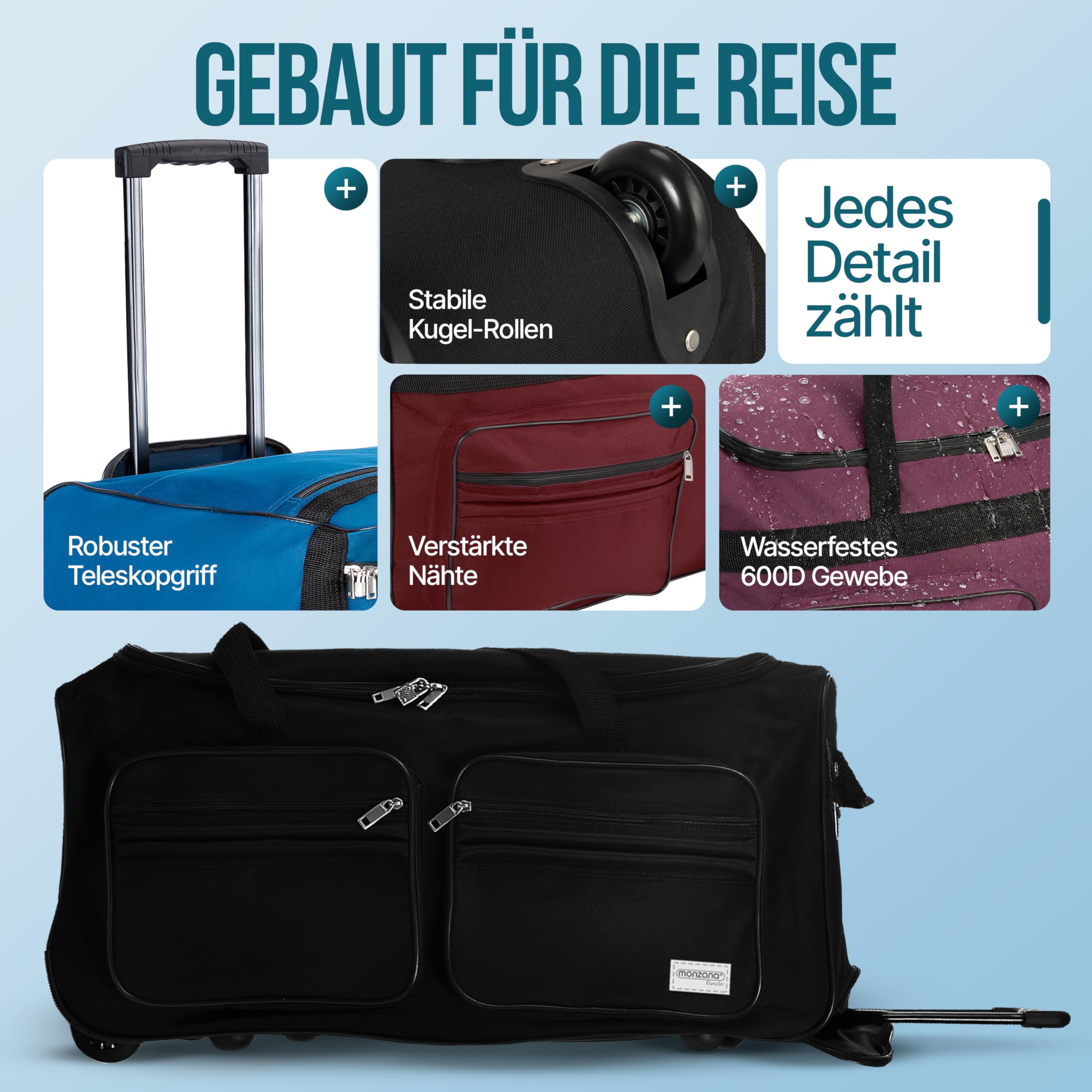 DEUBA Reisetasche | mit Trolleyfunktion | Rollen mit Kugellager | Teleskopgriff | abschließbar -【Farb-und Größenauswahl】 Sporttasche Reisetrolley Gepäcktasche, Schwarz, 85L = 70 x 36 x 34 cm (LxBxH)