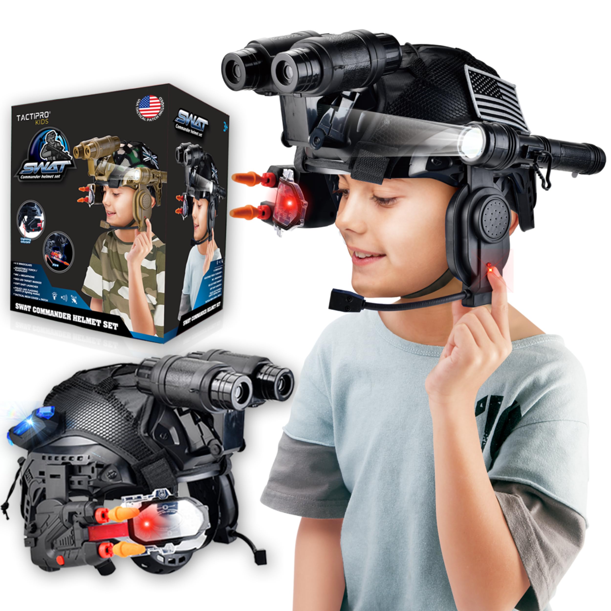 Tactipro Police kids toy soldier Army SWAT Helmet Commander Set. Includes Removable Accessories Torch, megaphone led scope, dart toy gun & 4X Binoculars, for hours of fun