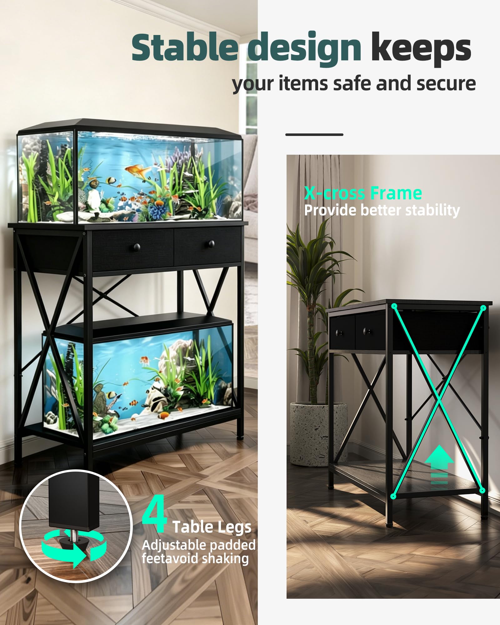 Soporte de acuario de 40 a 50 galones, soportes de metal para peceras con almacenamiento de accesorios, mesa de terrarios de tortugas/reptiles, soporte de tanque de criador, fácil de montar