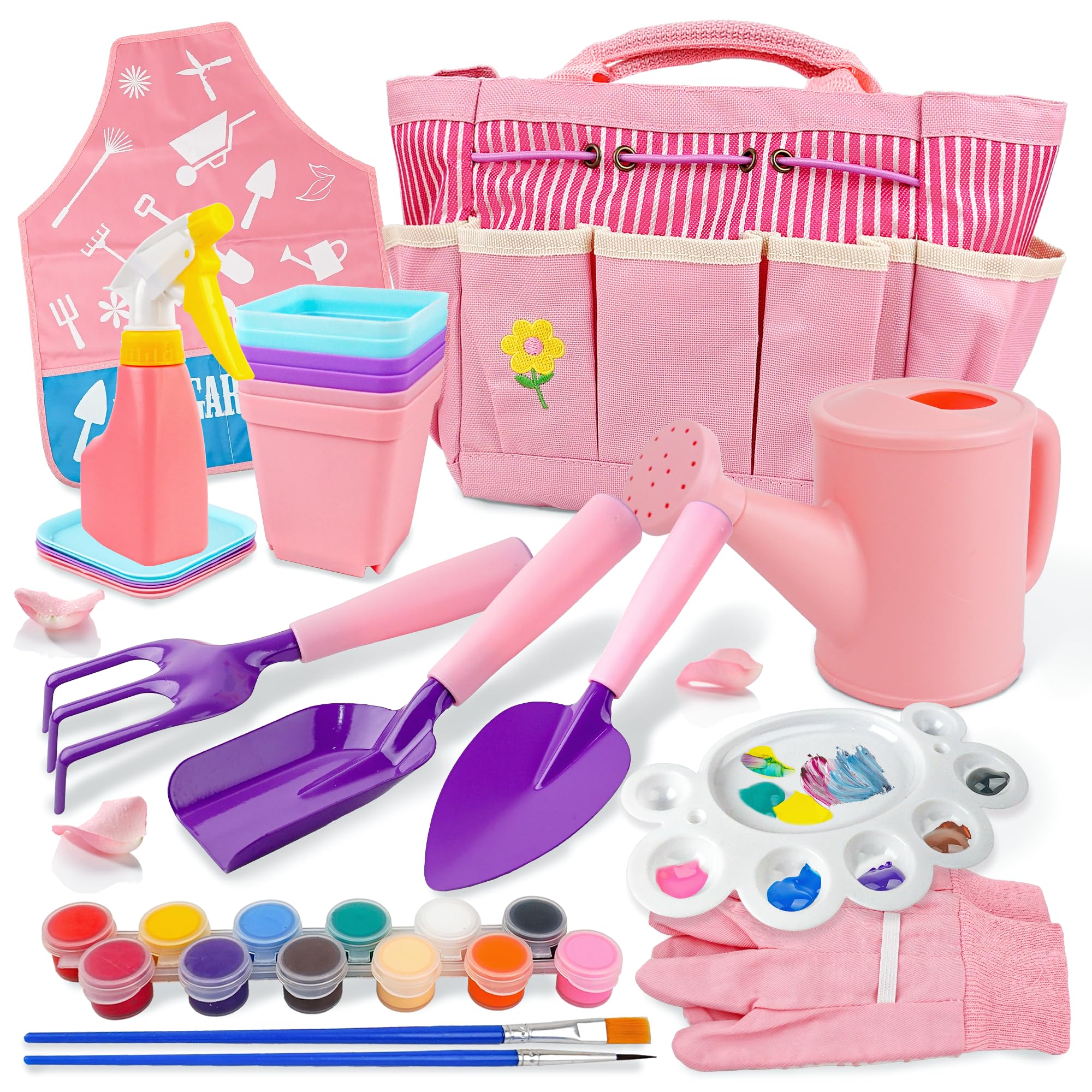 SMILESSKIDDO Kids Gardening Set - Toddler Gardening Set with Shovel Rake Trowel, Apron Tote Bag Watering Can for Kids Gardening Tools - Ideal Kids Gardening Tools Gift for Boys and Girls(Pink)
