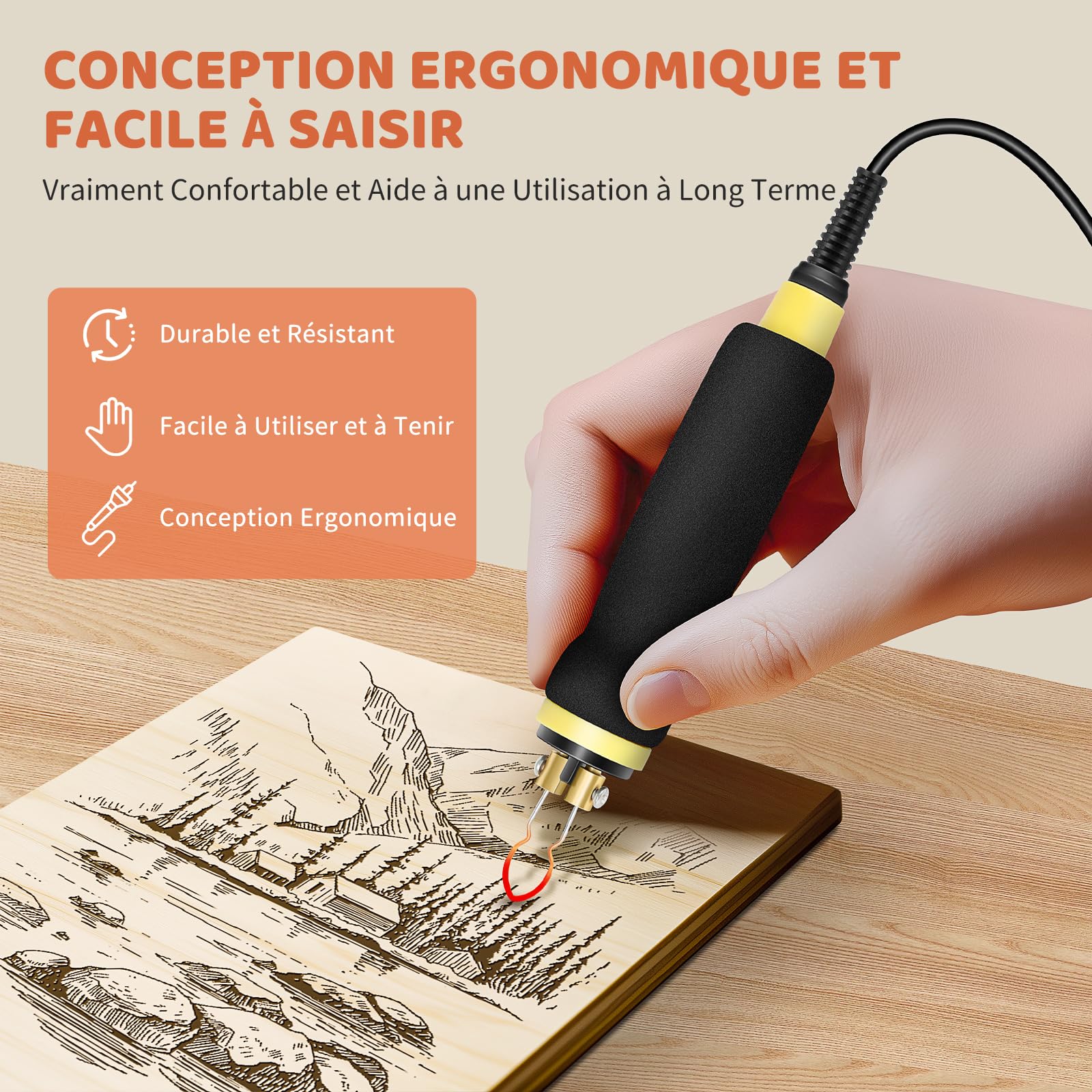 BURNNOVE Kit Pyrogravure Bois 100W avec Double Stylo et Écran LCD | Température réglable de 100 à 750°C, 21 pointes, support, éponge et boîte de rangement pour gravure sur bois et cuir