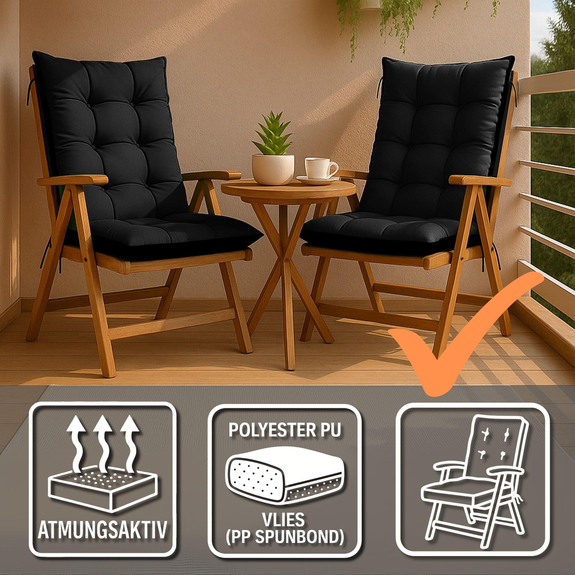 Amazinggirl Cojines Sillas Terraza Pack de Set: 6X 50x120 cm - Cojines para Sillas de Jardín con Respaldo Alto & Exterior Grafito Lino ecológico Cojín Silla Jardin Acolchado Grueso 10 cm con Cintas