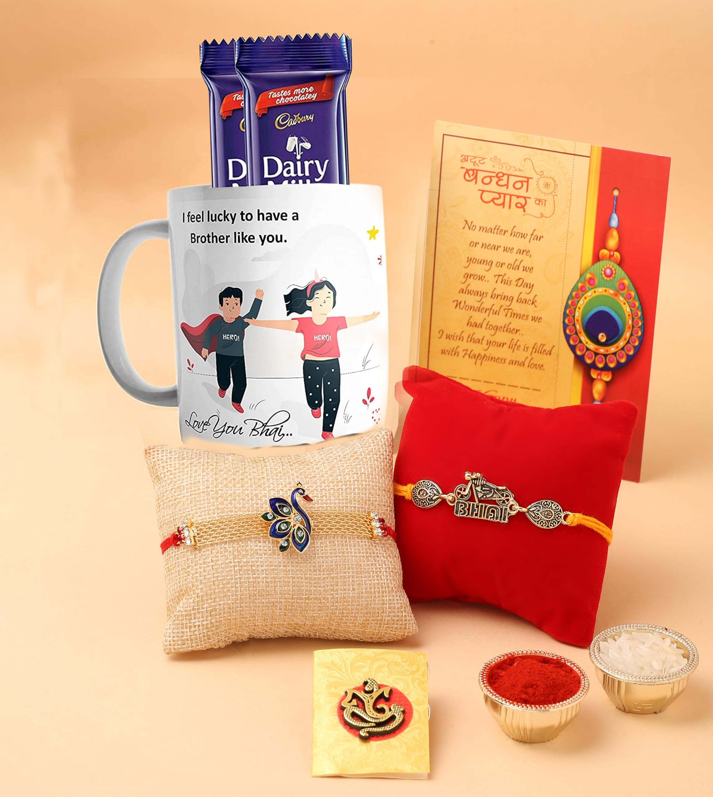 CraftVatika Rakhi Chocolate Combo Gift For Brother, Chocolate with Mug Combo, Lucky Bro Printed Coffee Mug with Biker Bhai Rakhi, Peacock Rakhi with Greeting Card, Tilakk Set, Cadbury Chocolate-image-34