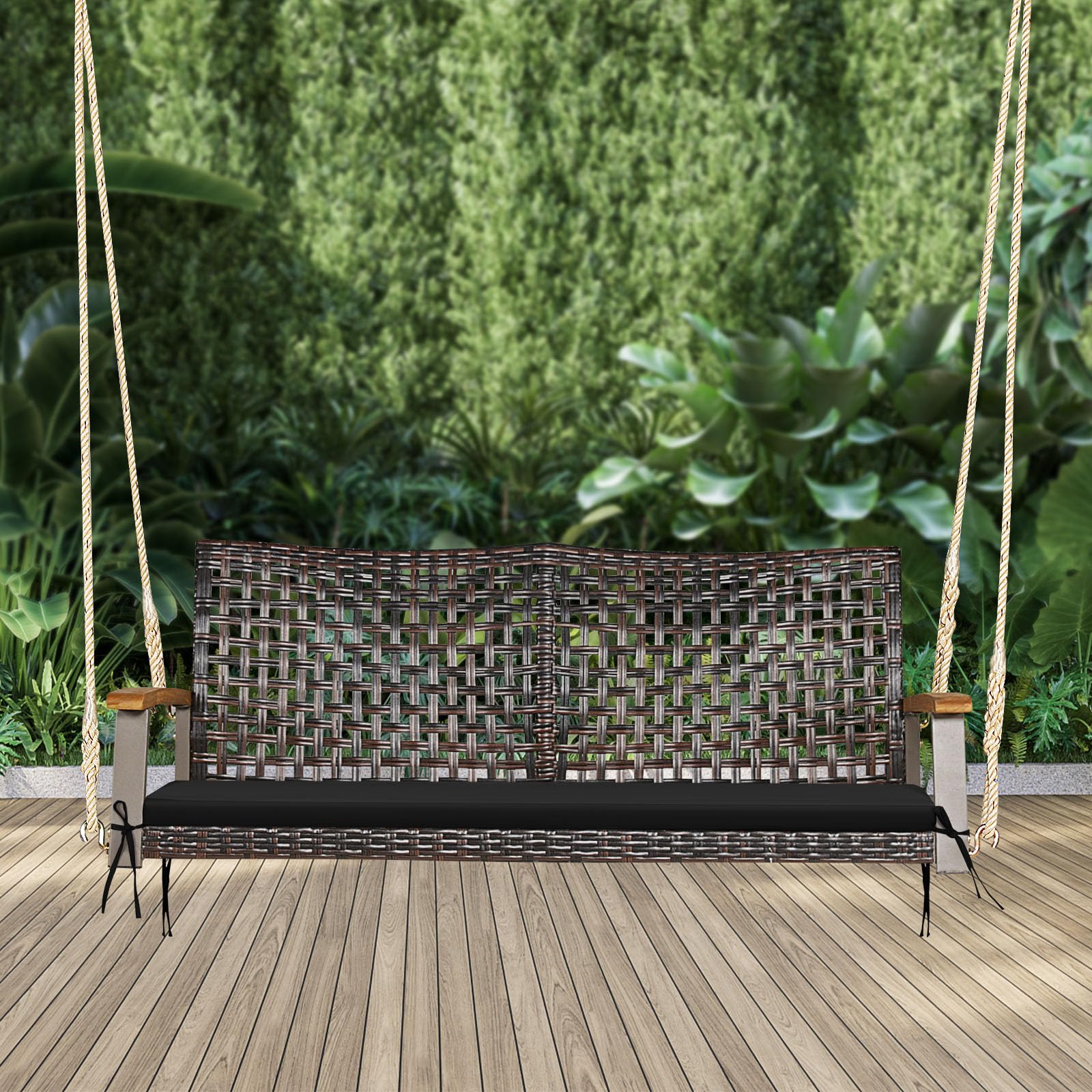 LIFEZEAL Balançoire de Jardin Extérieure 2 Places, Balancelle Suspendue avec Coussin et Cordes, Dossier en Rotin PE & Accoudoirs en Bois, Charge 360 kg, Balcon, Terrasse, Porche (Noir)
