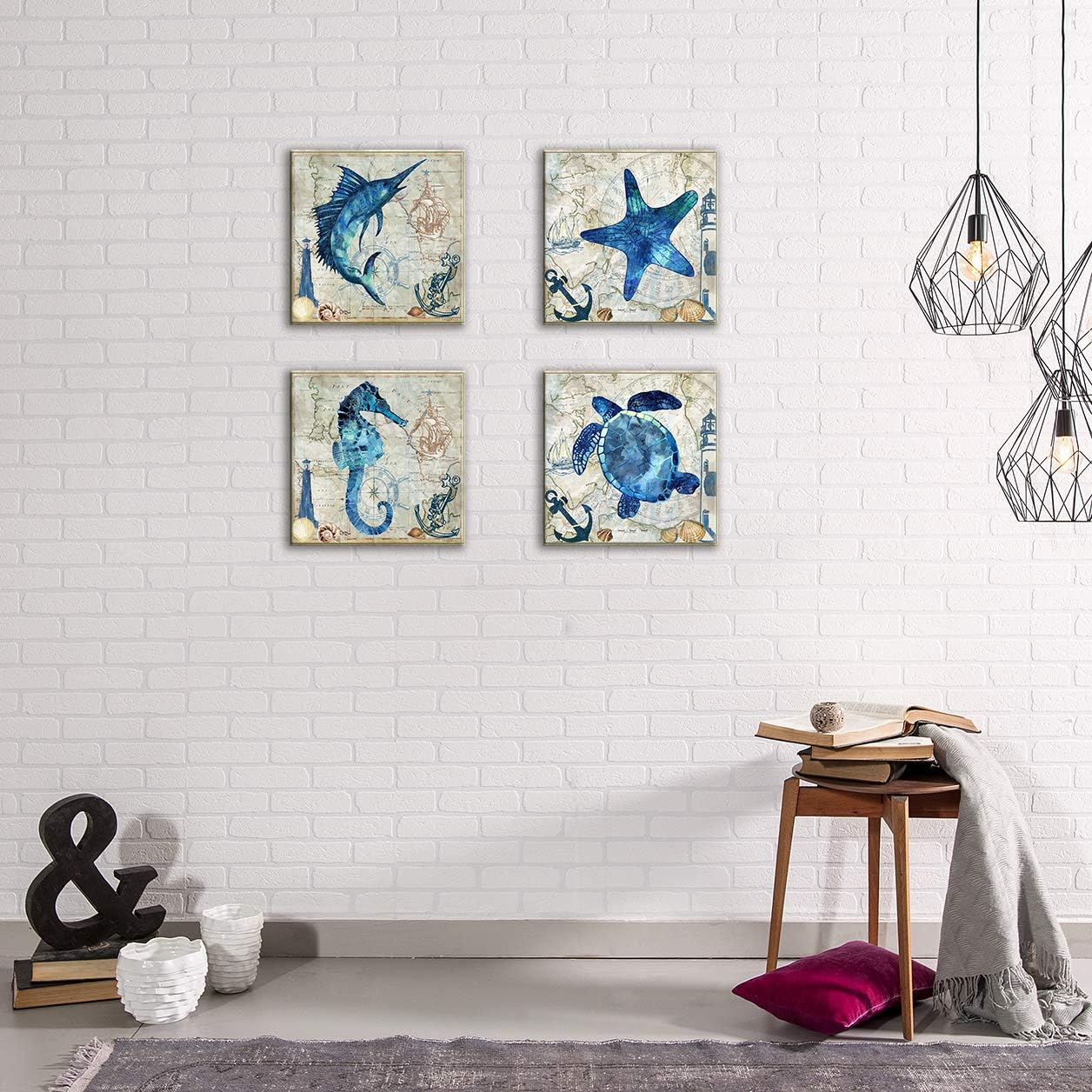 Oreichar Art Sea Turtle Wall Art Ocean Animals on Nautical Chart Painting Picture Retro Canvas Prints for Bedroom Bathroom Decoration (12"x12"x4pcs)