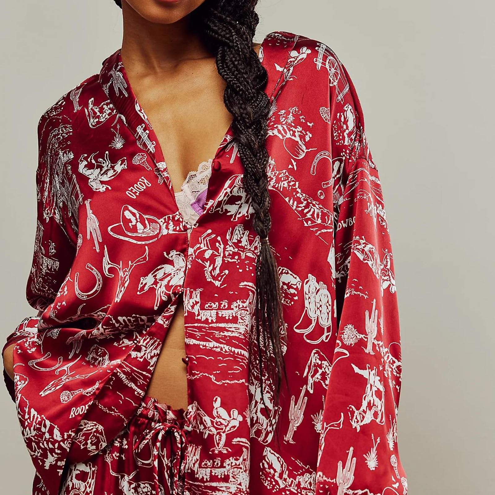 Generisch Pijama de seda de satén para mujer, conjunto largo con botones, conjunto de pijama de moda, ropa de dormir ligera y delgada, ropa para el hogar, ropa de dormir de moda, estampado floral