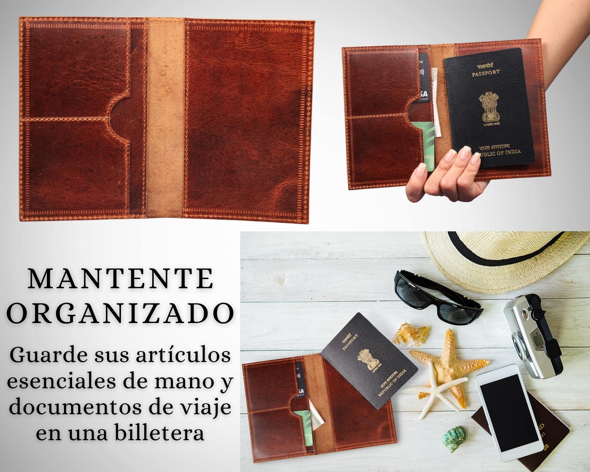 Madosh, Porta Pasaporte de Cuero, Estuche para Tarjetas con Bloqueo RFID, Cartera de Viaje, Funda para Pasaporte Plegable Delgada marrón