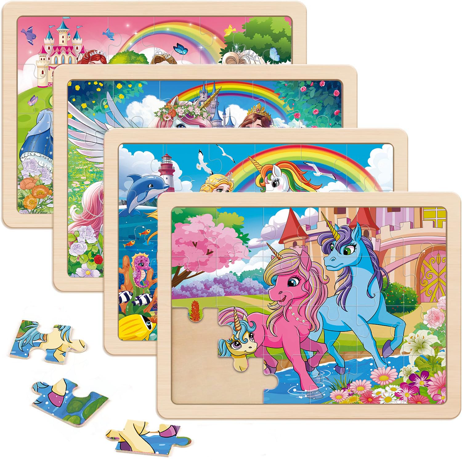 Wooden Puzzles for Kids Ages 4-6, Large 24 PCs Unicorn Mermaid Princess, Jigsaw Puzzles for Kids Ages 3-5, Preschool Educational Learning Toy for Boys