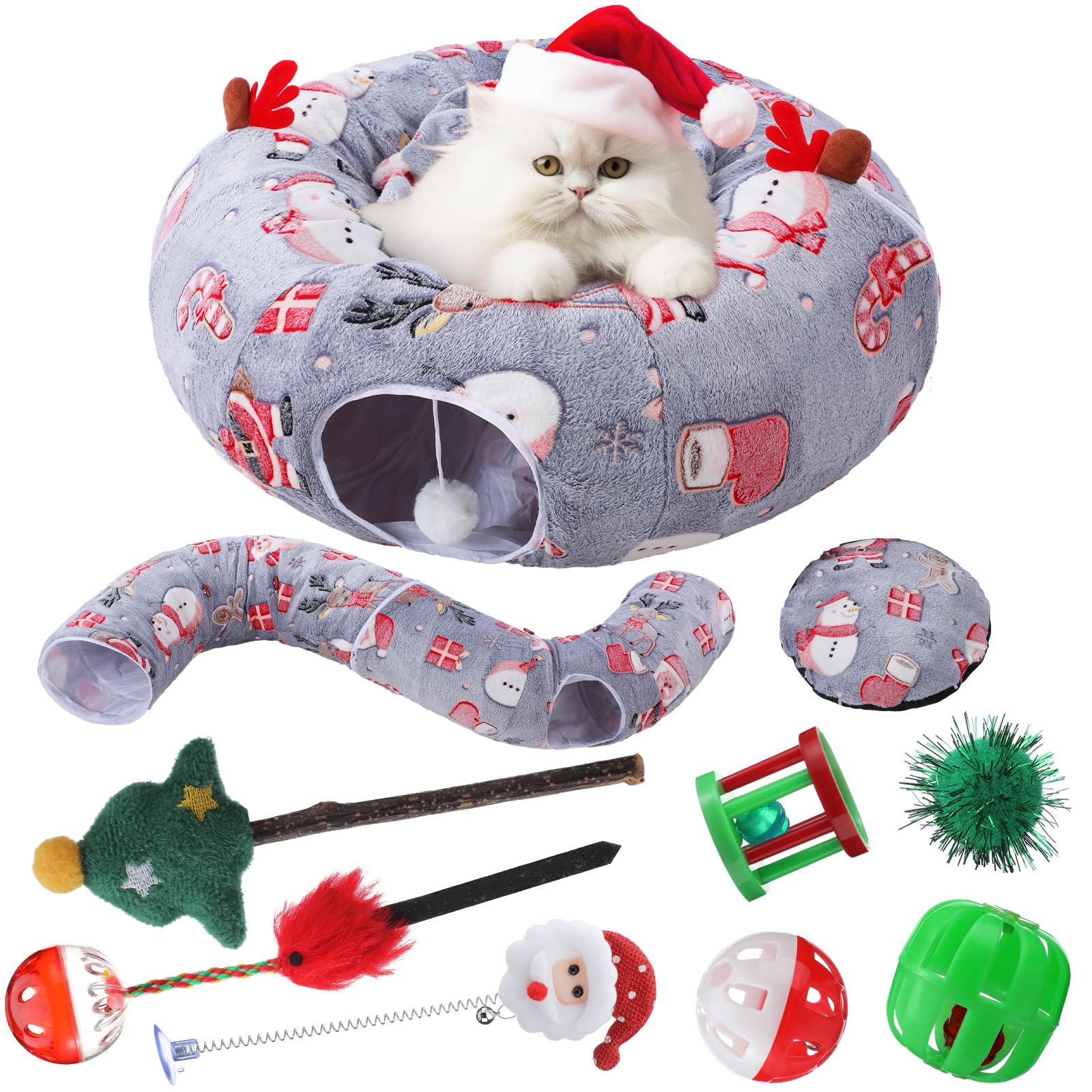 Cama tipo túnel de Navidad para gatos con 7 juguetes para gatos, cama tipo túnel de felpa cálida y esponjosa con cojín lavable y bolas colgantes, 3 pies, multifuncional para gatos pequeños, medianos y