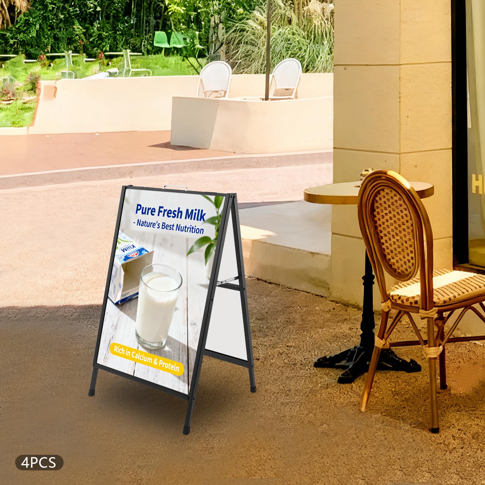 Portacarteles de doble cara en forma de A de hierro y tubo galvanizado, resistente, negro, 4 unidades, para carteles publicitarios de hasta 60 x 90 cm, ideal para tiendas, exposiciones, eventos y