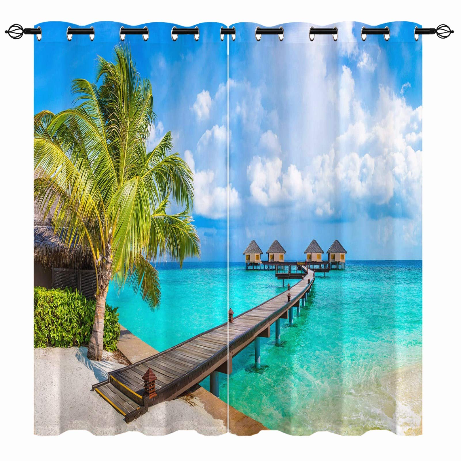 YUANZU Tropical Curtain - Coastal Beach Hawaiian Palm Trees Pier Landscape Scene Print Pattern Eyelet Blackout Thermal Room Darkening Window Drapes for Bedroom Living Room 2 Panels W168cm x D137cm