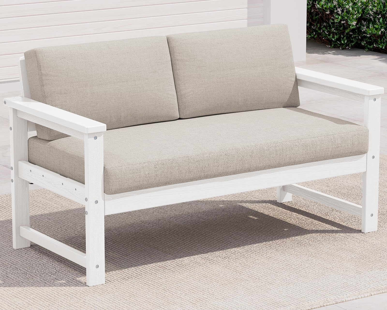 SERWALL HDPE Outdoor Loveseat with Cushion, Outdoor Sectional Furniture Set