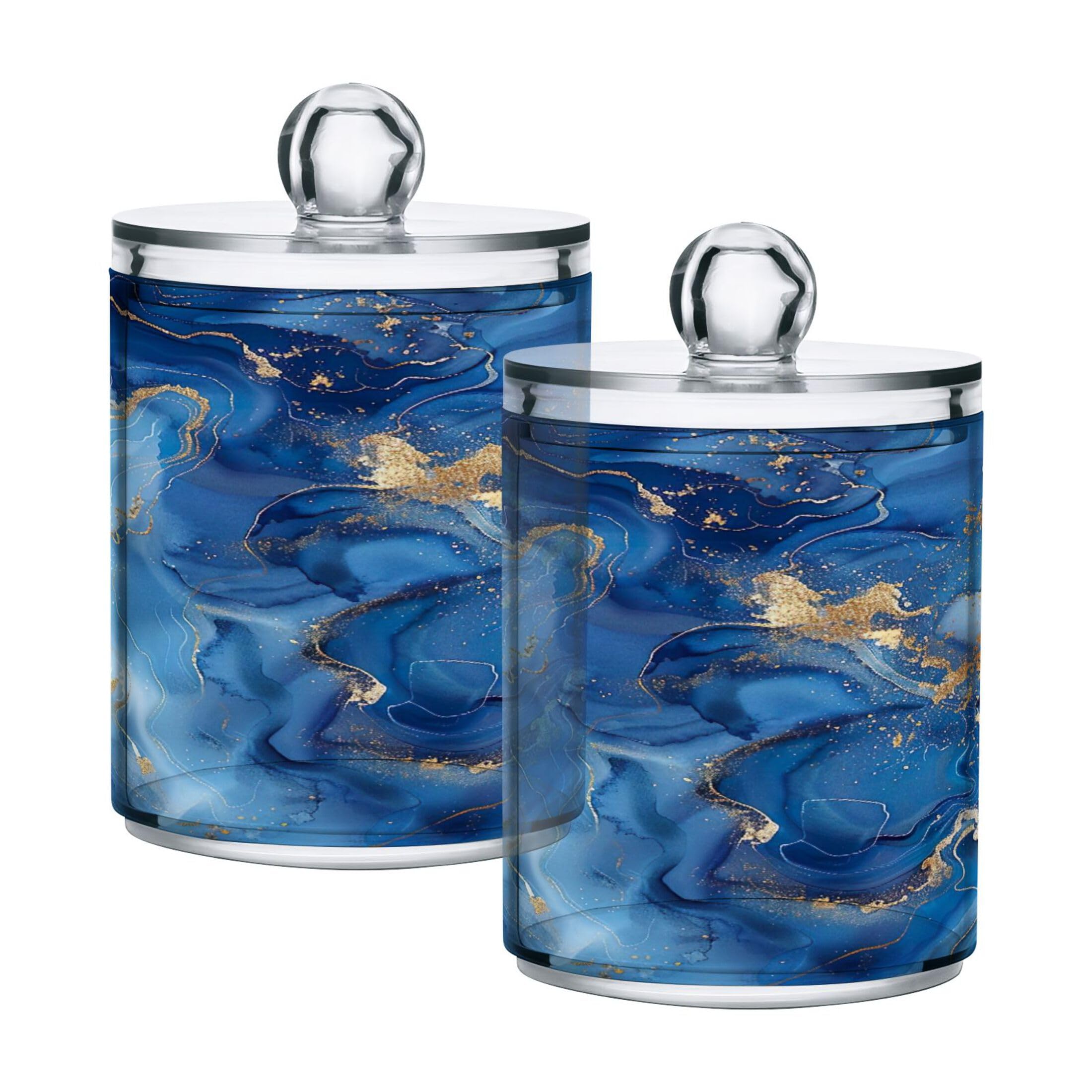 Blue Marble Qtip Holder with Lid Set of 2, Clear Plastic Apothecary Jars Bathroom Storage Containers for Cotton Ball, Cotton Swab, Cotton Round Pads, Floss