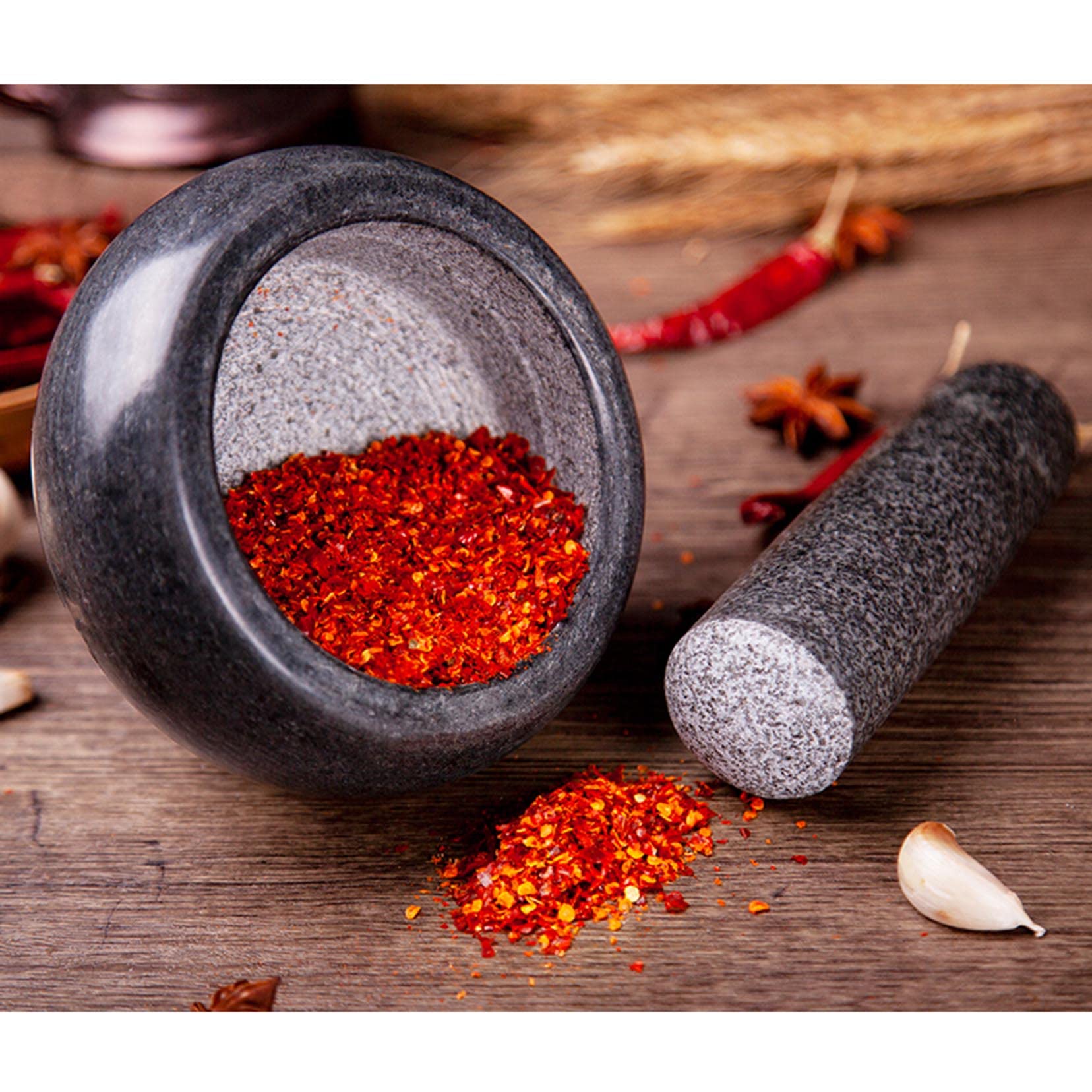 RUHEN Juego de mortero y Maja de Granito, Molinillo Manual, Molinillo de Hierbas y Especias, triturador de Pastillas, mortero y Maja macizos pulidos para moler Hierbas, Especias y Hacer Guacamole