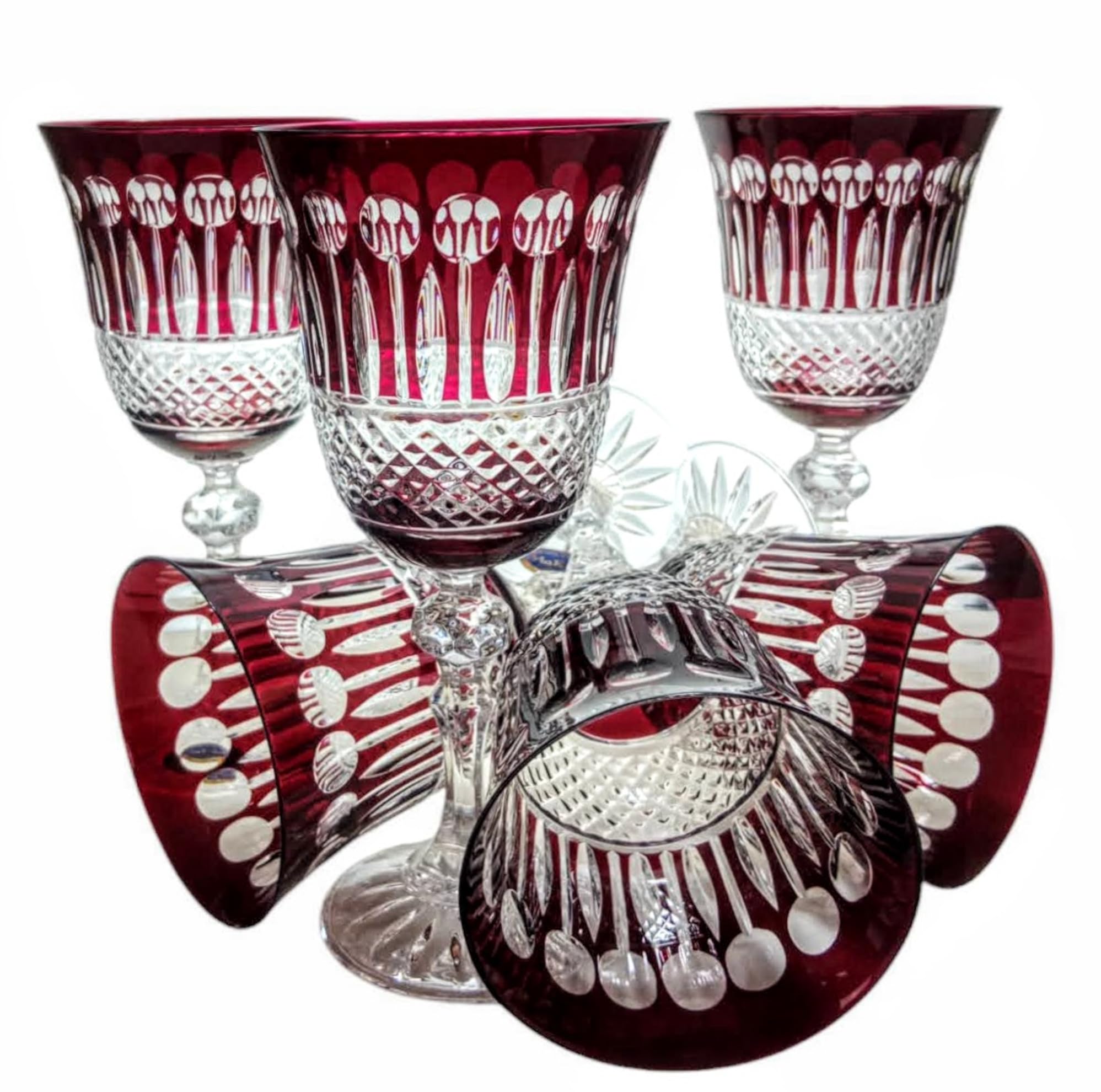 Exklusive Kristall Weingläser 220 ml – Handgefertigte Weinkelche mit Gravur – Luxuriöse Kristallgläser für Rotwein & Wasser – Set mit 6 Gläsern in Geschenkbox - Rubin