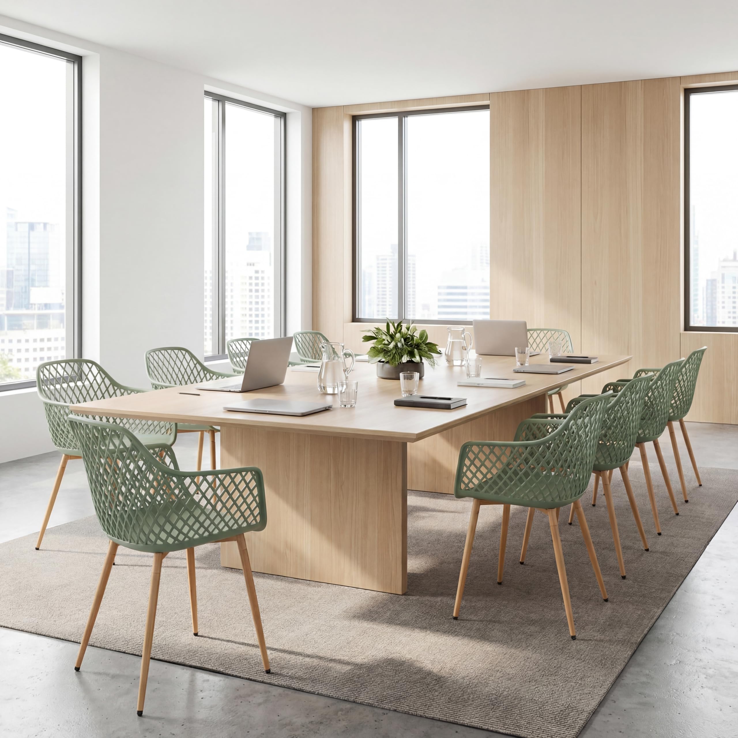 buybyroom Konferenzstühle 12er Set, Bürostuhl ohne Rollen, PP-Sitz, Metallbeine, mit Armlehnen, Höhenverstellbare Bodengleiter, Belastbarkeit 120 KG, Graugrün